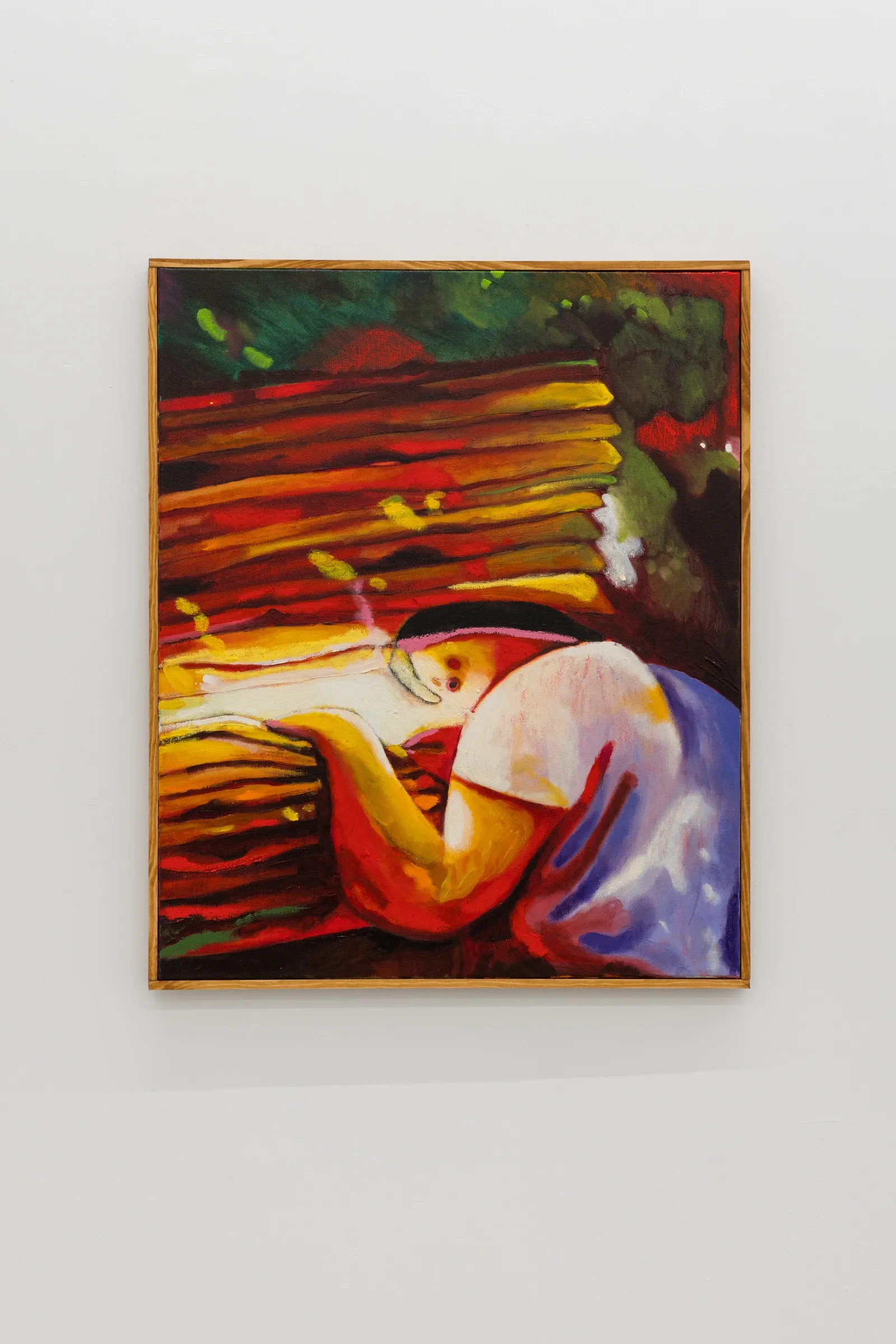 Exhibition review of Nina Bachmann: Schieben, Drücken, Treiben at Galerie Gegen & Lücke, Berlin, 2026. A single figure resting face down on a wooden fence in a garden, arm draped loosely.