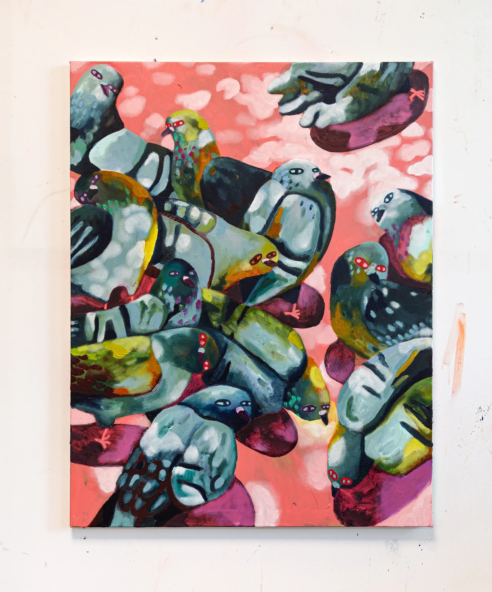 Exhibition review of Nina Bachmann: Schieben, Drücken, Treiben at Galerie Gegen & Lücke, Berlin, 2026. A cluster of pigeons rendered in teal and ochre against a pink sky.