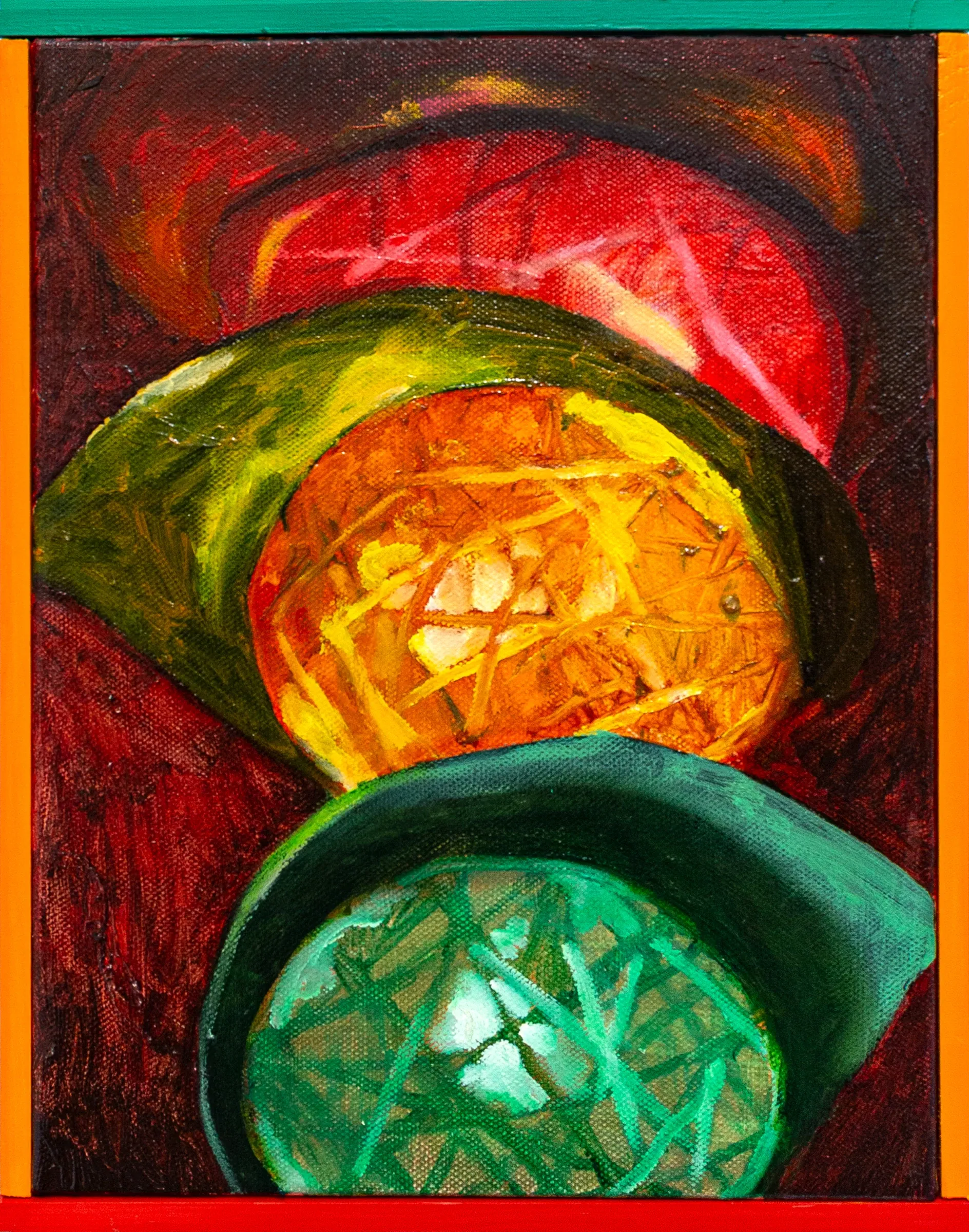 Exhibition review of Nina Bachmann: Schieben, Drücken, Treiben at Galerie Gegen & Lücke, Berlin, 2026. Close-up of a traffic light showing red, amber and green in thick woven brushstrokes.