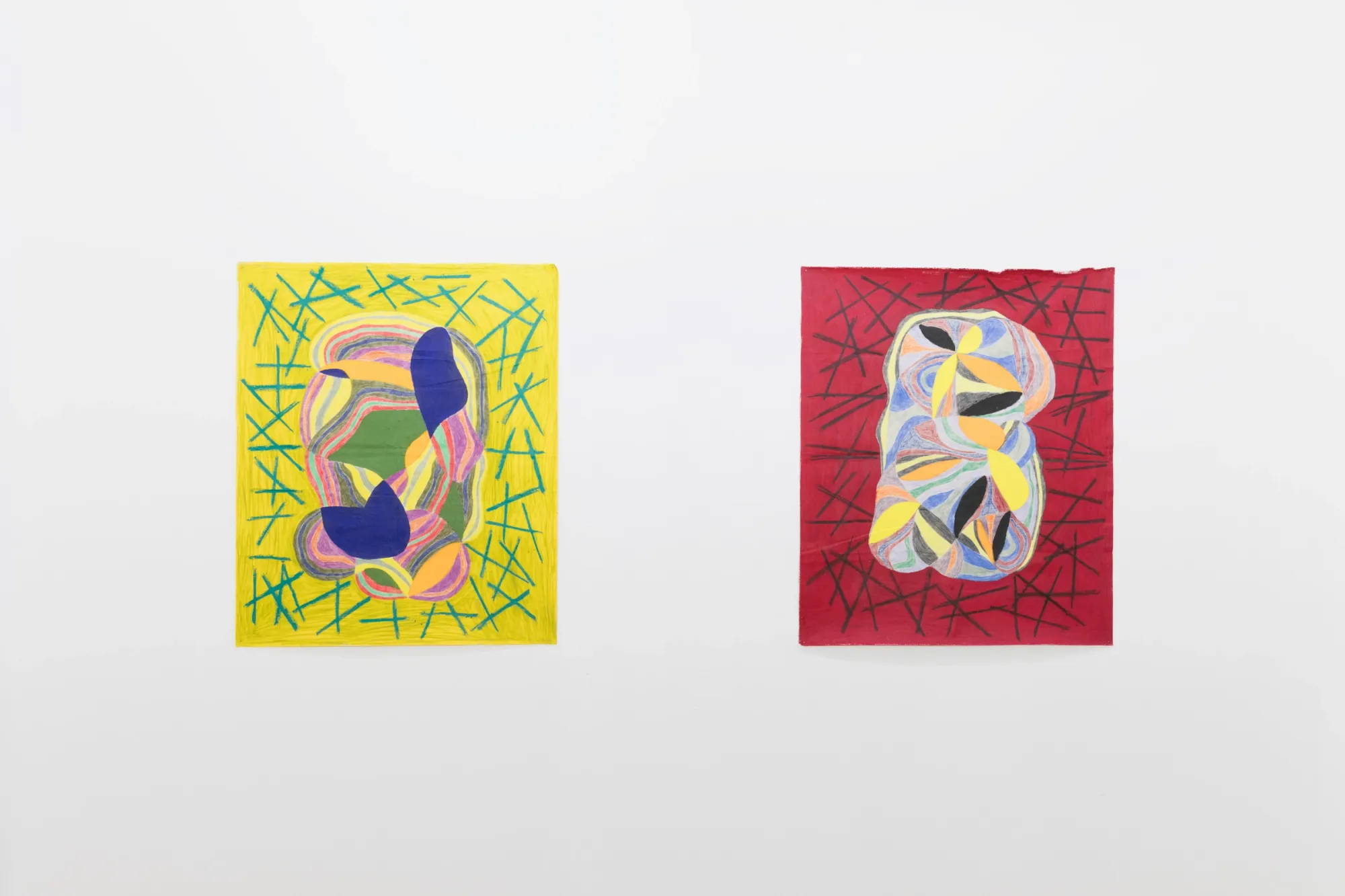 Artist Profile Feature: Sophie-Luise Passow, artwork at Parallel Vienna, 2026. Two works side by side, yellow ground with green strokes, red ground with black.