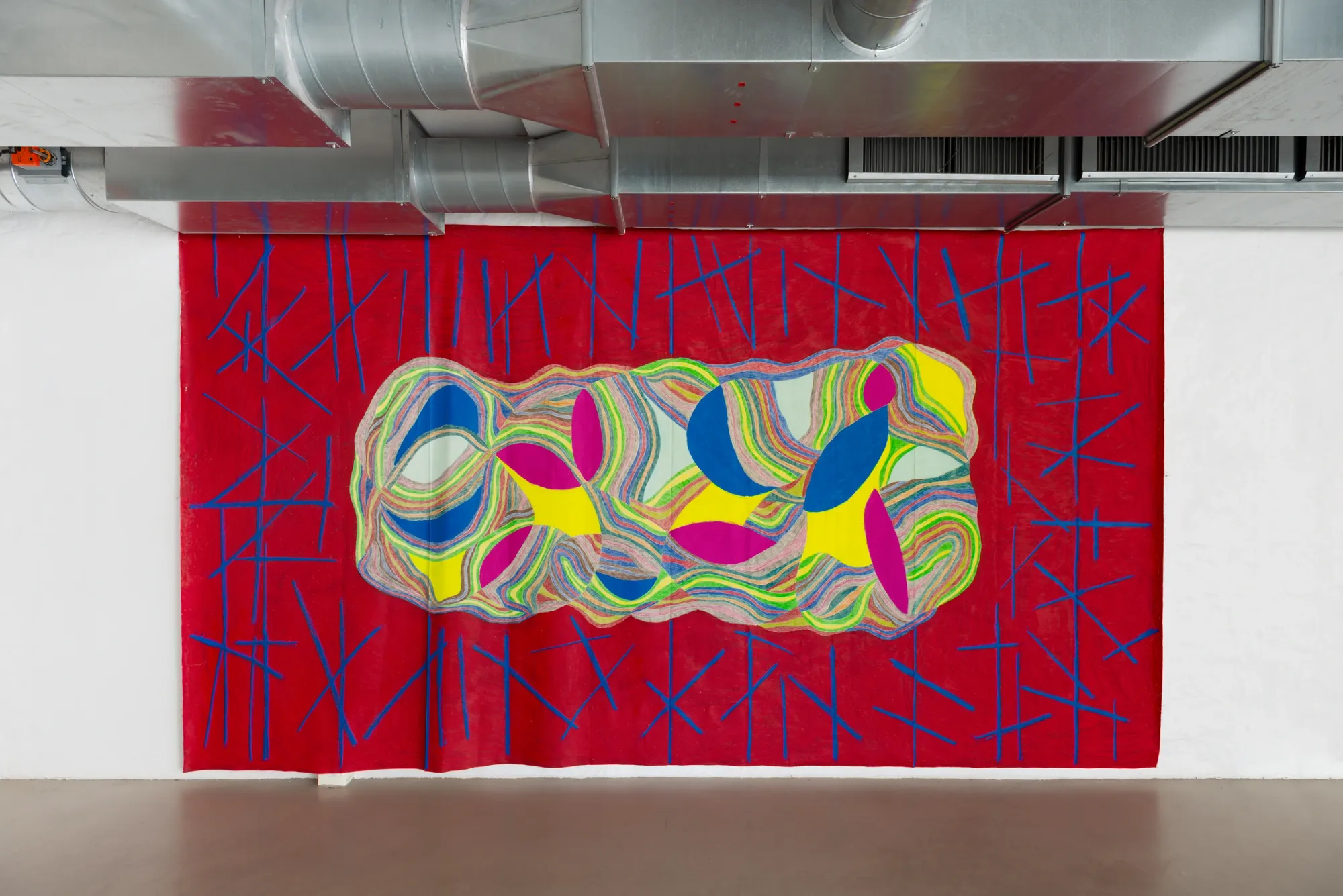 Artist Profile Feature: Sophie-Luise Passow, artwork at CANTINA, Aarhus, 2026. Wide red linen with blue strokes and a horizontal banded core under ducts.