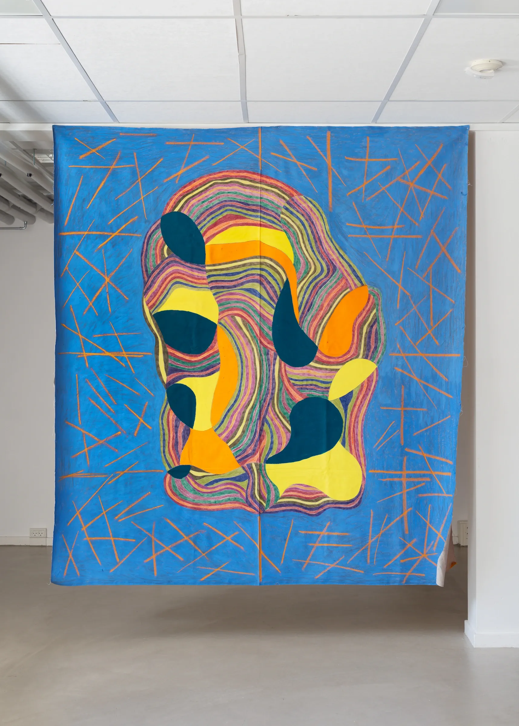 Artist Profile Feature: Sophie-Luise Passow, artwork at CANTINA, Aarhus, 2026. Blue linen hung from the ceiling, orange strokes, yellow and teal forms.
