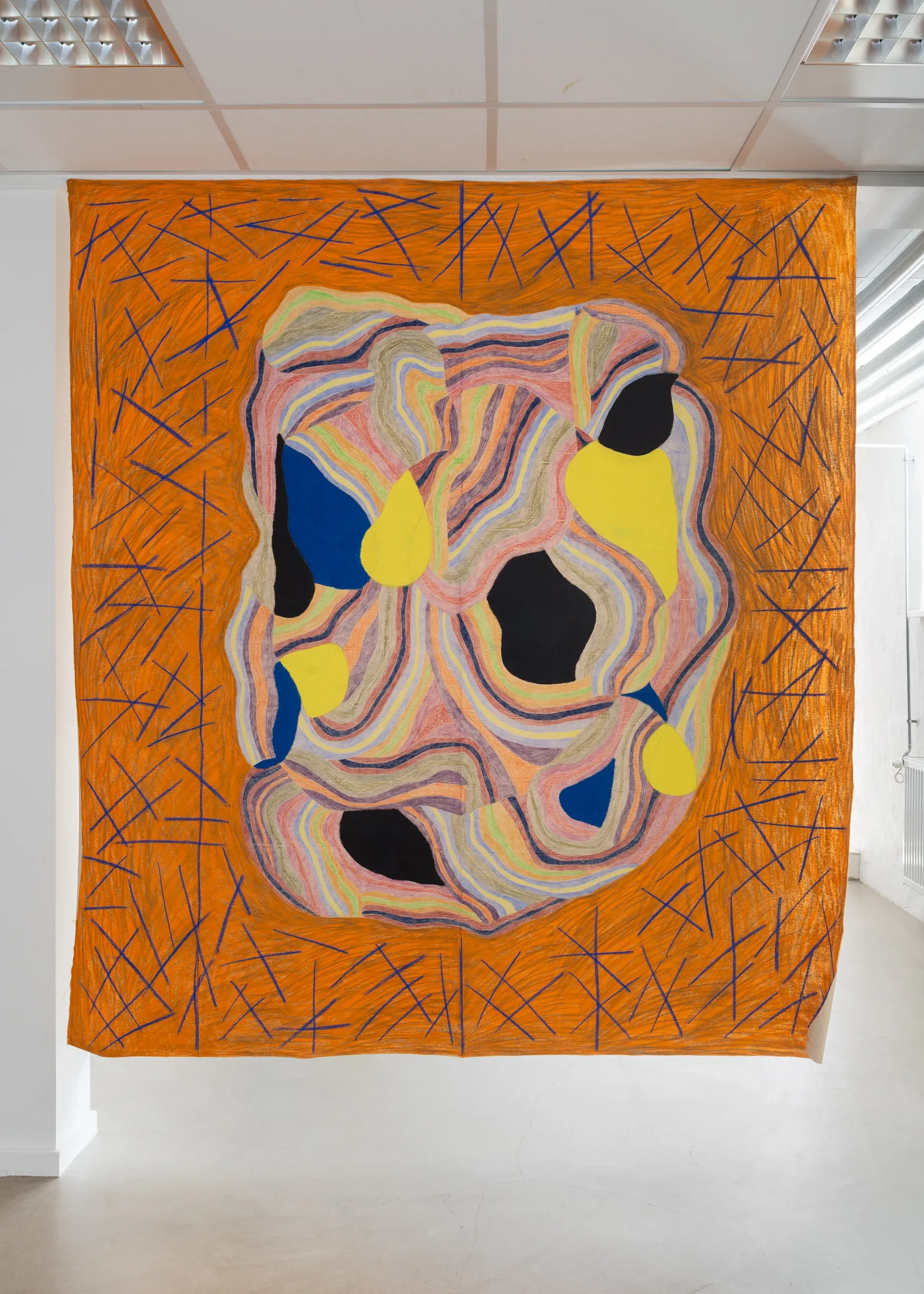 Artist Profile Feature: Sophie-Luise Passow, artwork at CANTINA, Aarhus, 2026. Orange linen hung in space, pastel bands around black voids and yellow drops.