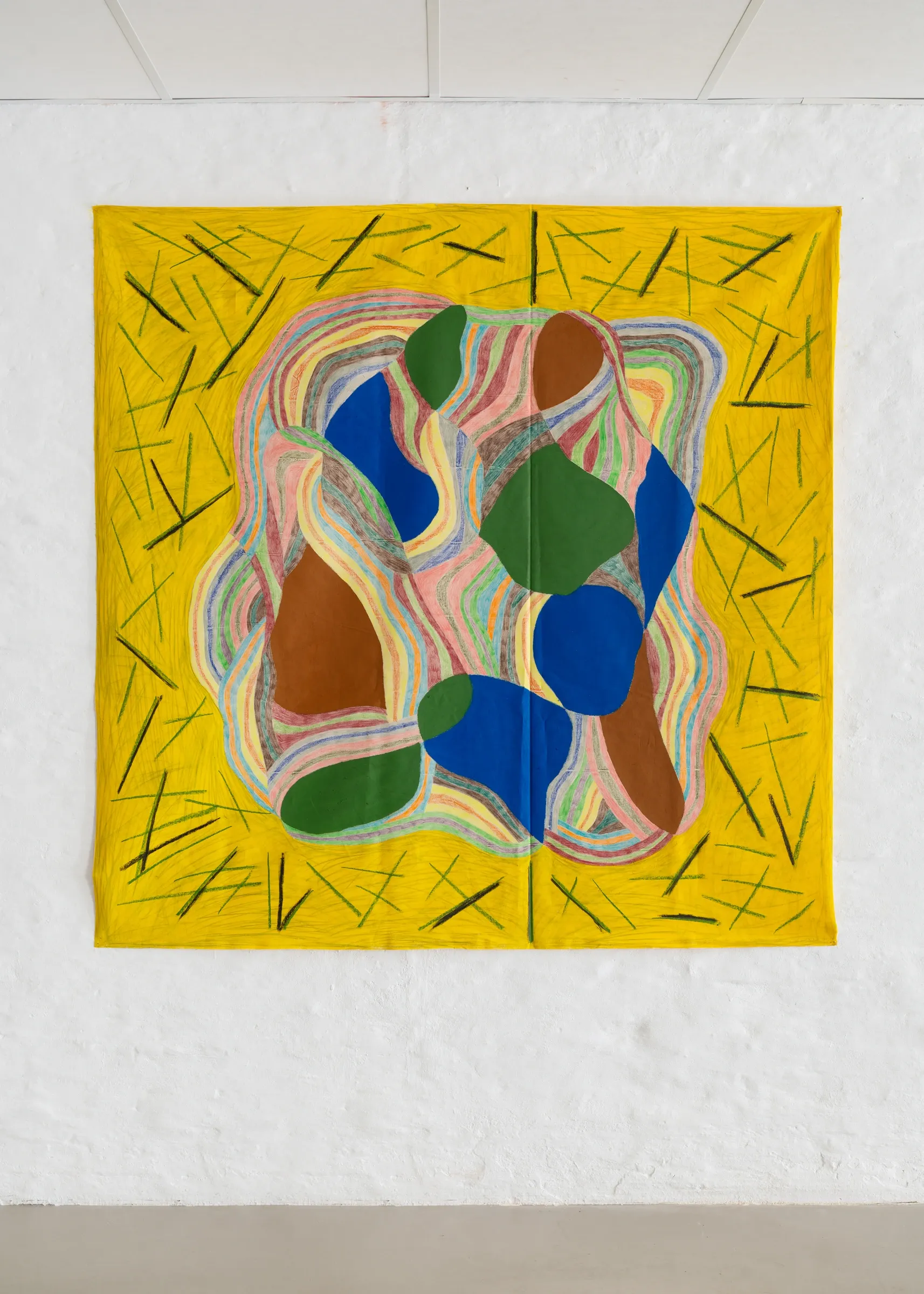 Artist Profile Feature: Sophie-Luise Passow, artwork at CANTINA, Aarhus, 2026. Yellow linen on a white brick wall, green strokes, blue, brown, green forms.