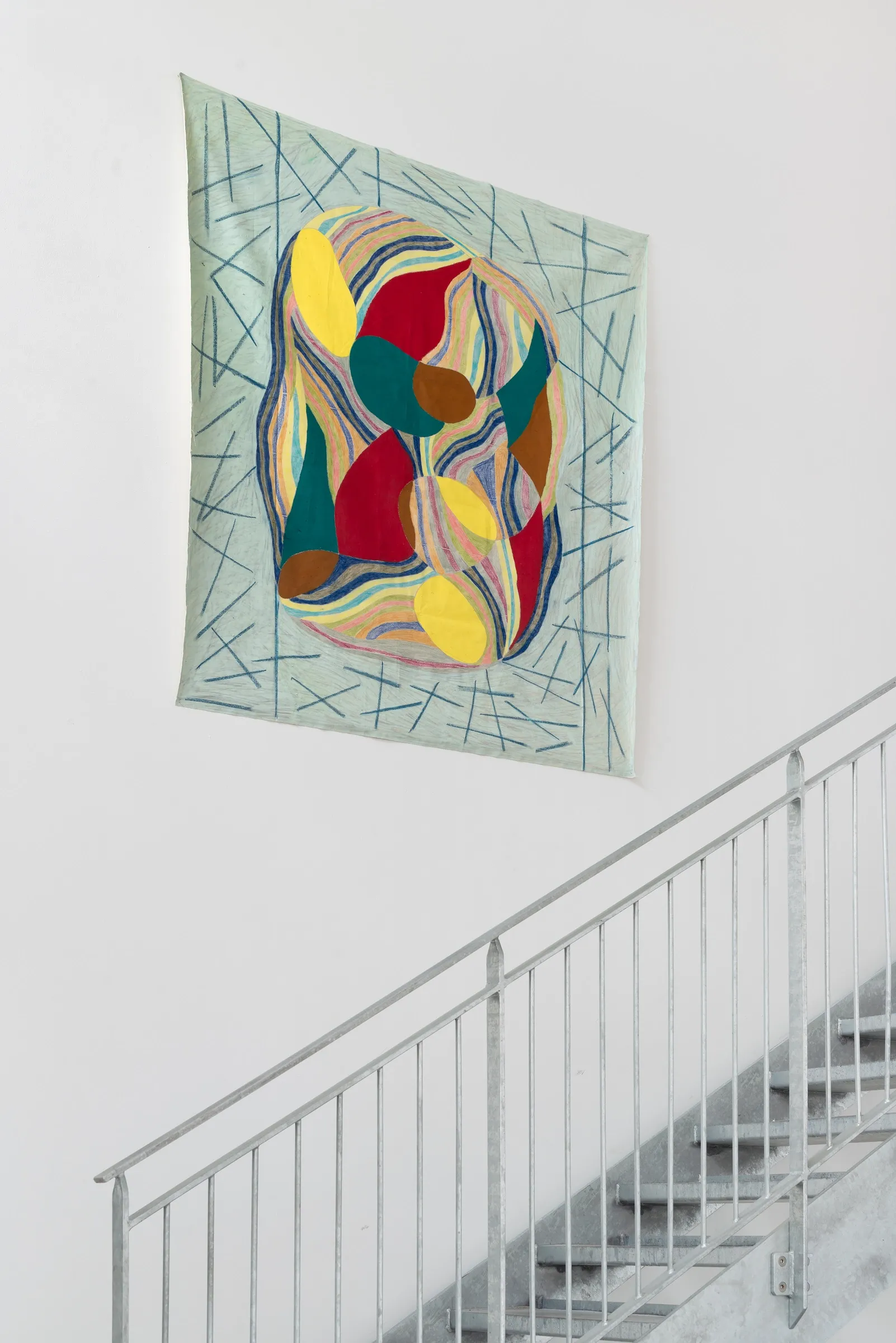 Artist Profile Feature: Sophie-Luise Passow, artwork at Aarhus Billedkunstcenter, 2026. Mint linen with red, yellow and teal forms hung above a steel staircase.