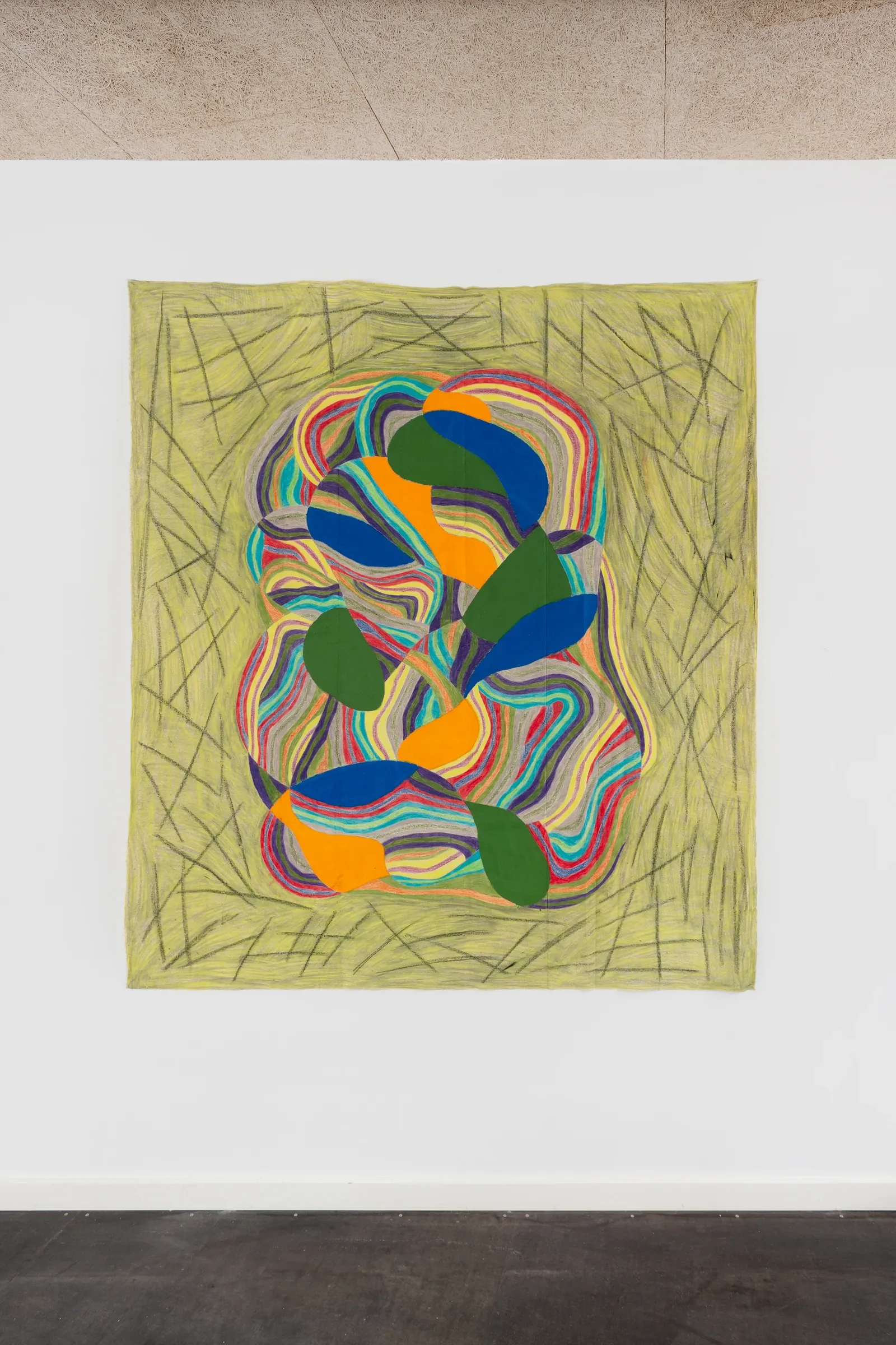 Artist Profile Feature: Sophie-Luise Passow, artwork at Aarhus Billedkunstcenter, 2026. Yellow-green linen, banded pastel lines around blue, orange, green forms.
