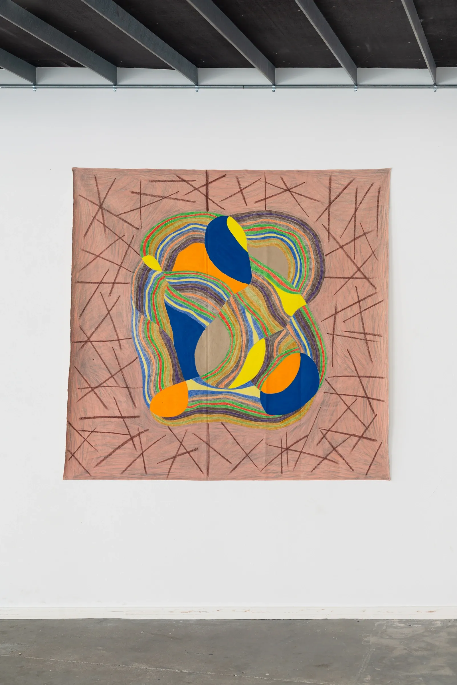Sophie-Luise Passow, artwork at Aarhus Billedkunstcenter, 2026. Salmon-pink linen with brown strokes around a blue, orange, yellow core.