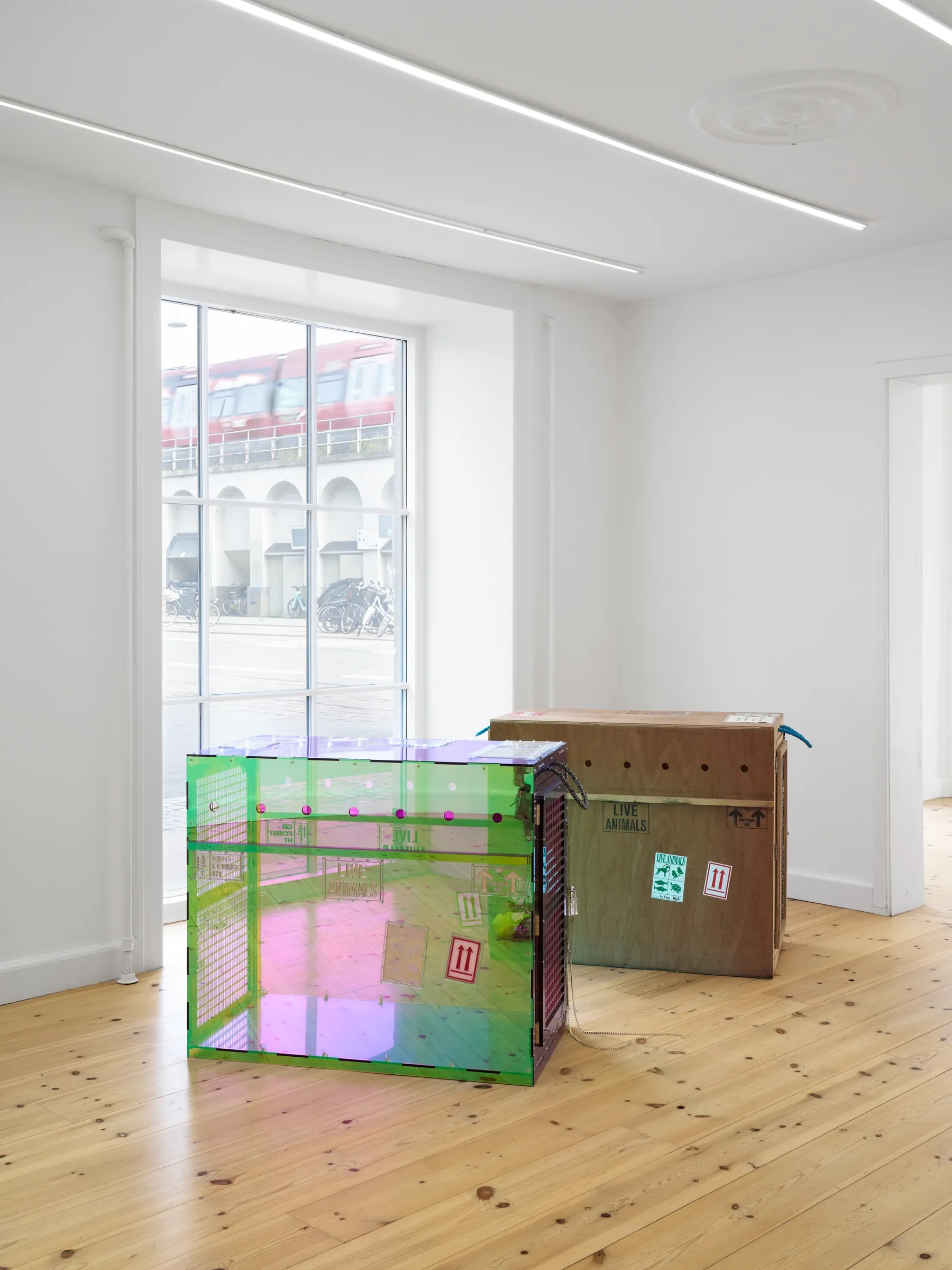 Exhibition review of Villiam Miklos Andersen: Sequence for an Optimal Dispatch at aaaa nordhavn, Copenhagen, 2026. Iridescent green acrylic crate in front of a brown shipping crate by a window.