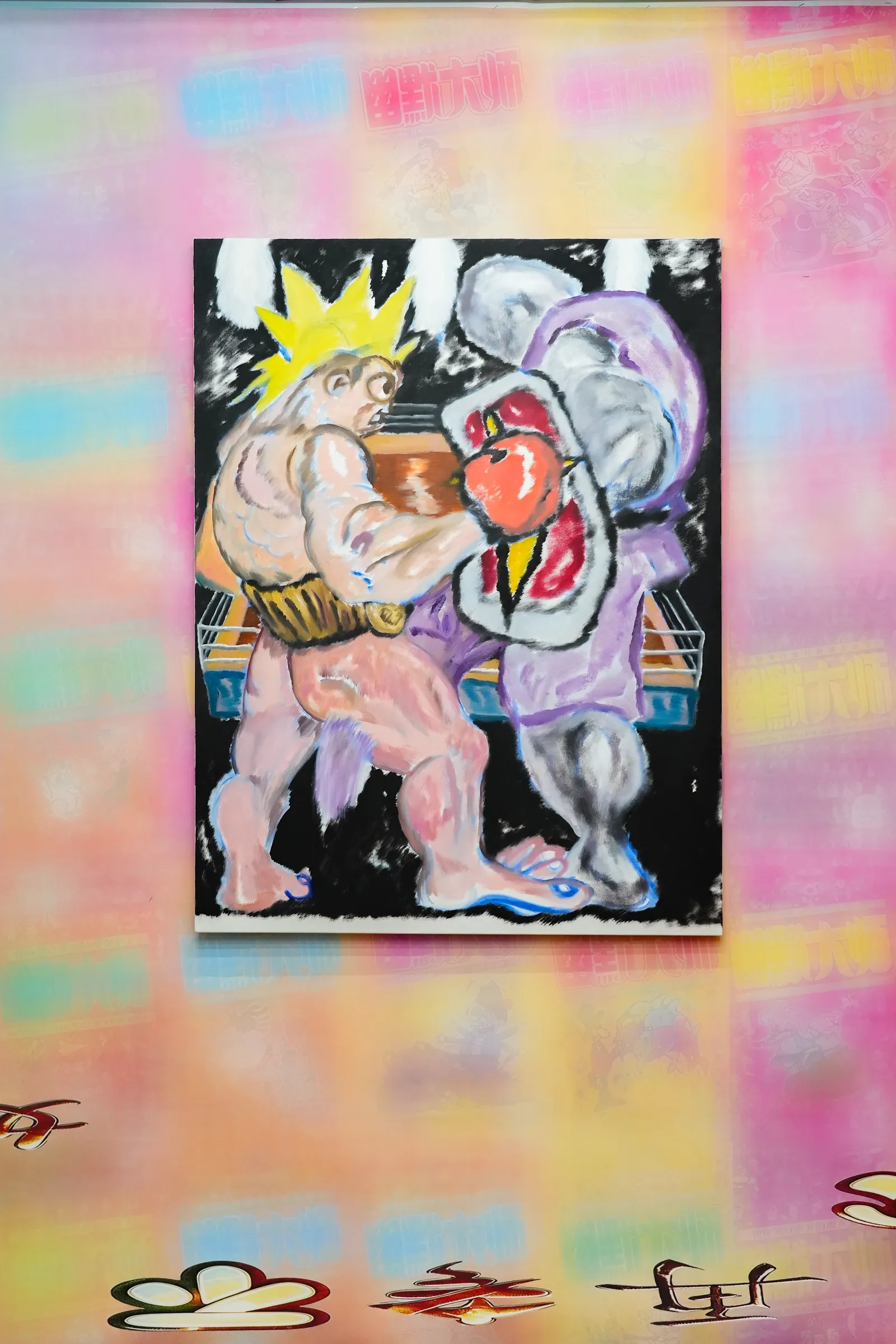 Exhibition review of Zhang Ting: TechDiumMory at TANK Shanghai, Shanghai, 2026. Blond muscular boxer punching a purple robot shield in a ring on black ground.