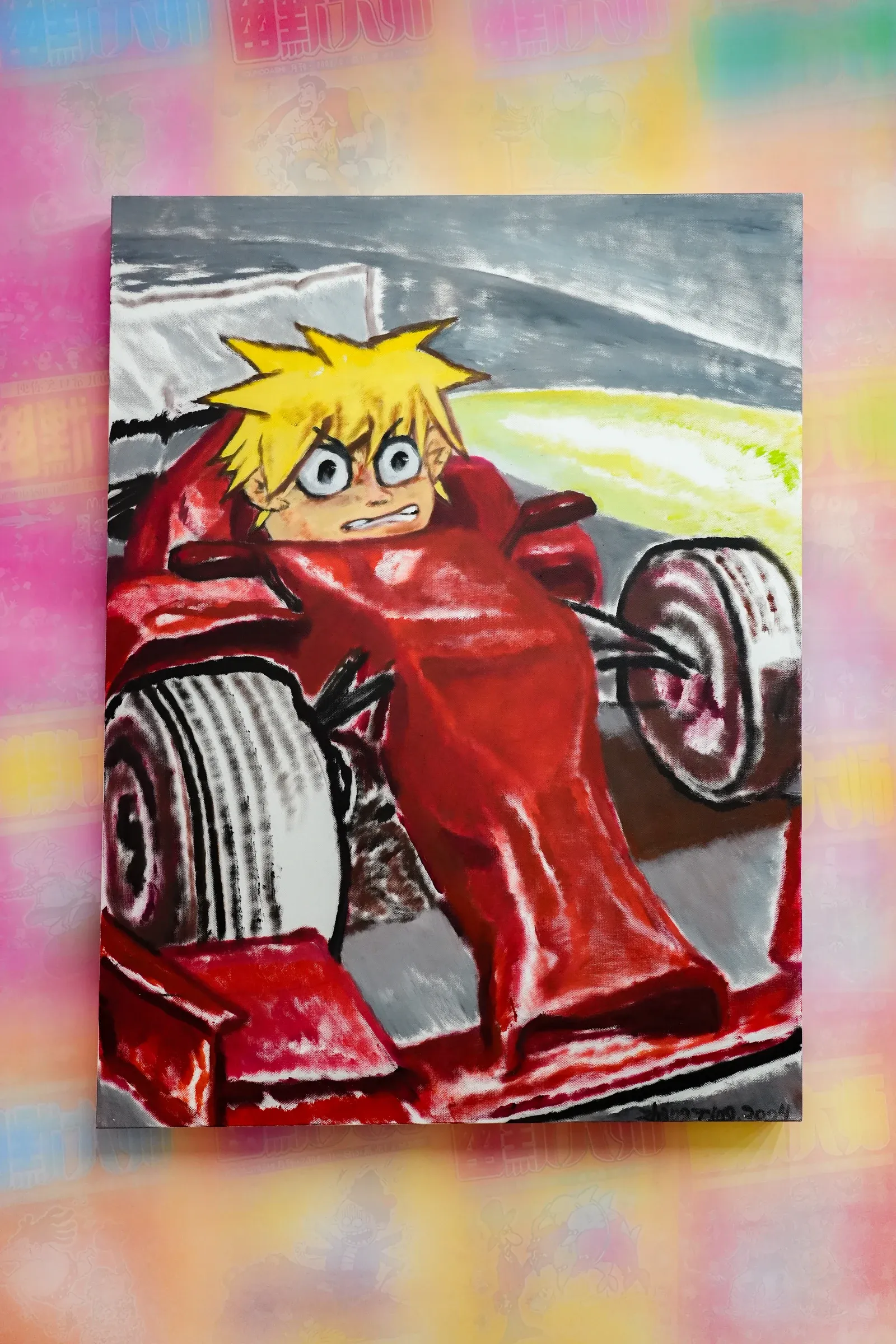 Exhibition review of Zhang Ting: TechDiumMory at TANK Shanghai, Shanghai, 2026. Spiky-haired blond boy without helmet in a red race car, rendered in thick oil.