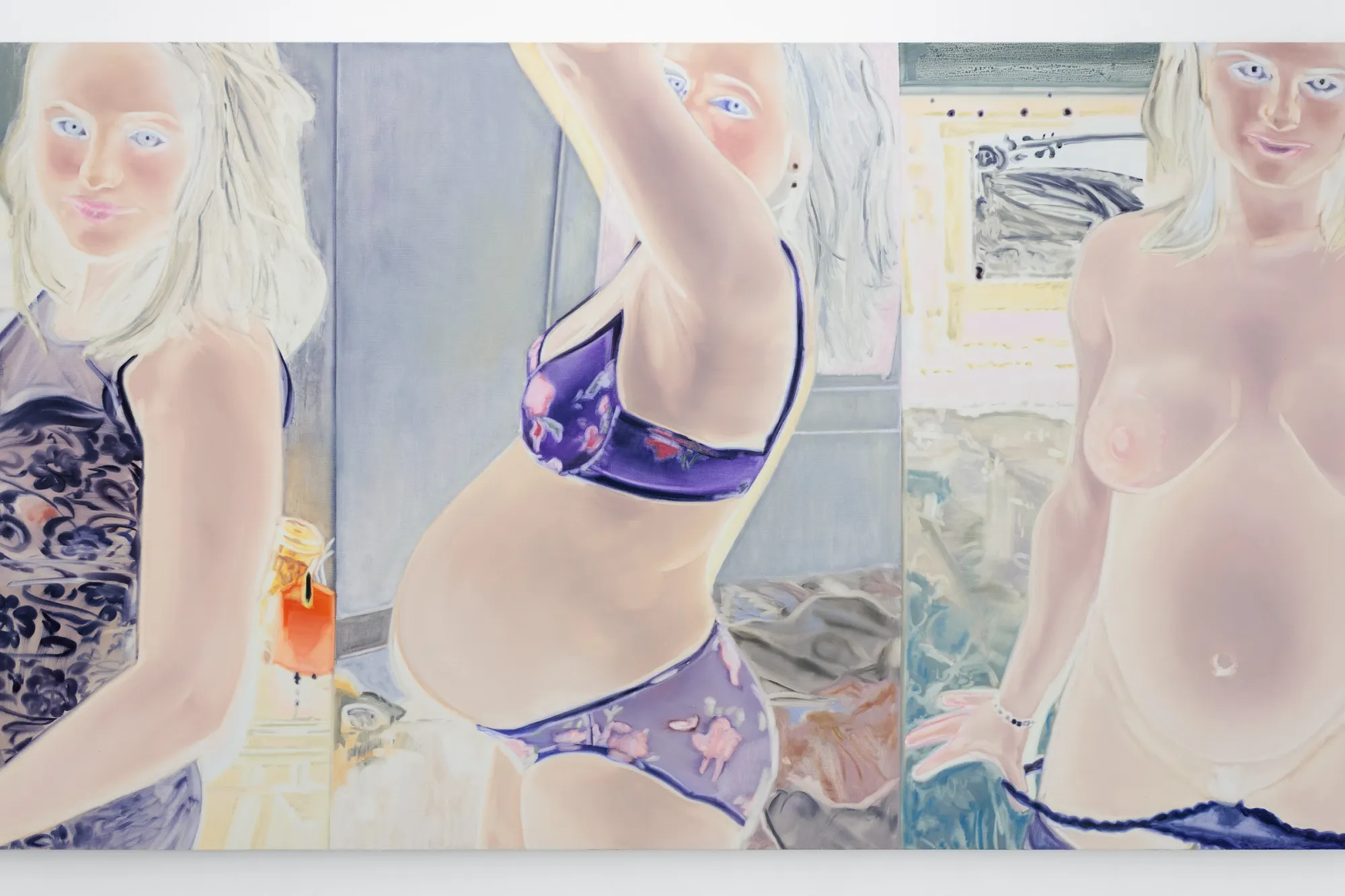 Exhibition review of Zofia Pałucha: Mother of One at HOS Gallery, Warsaw, 2026. Pregnant woman in violet lingerie, arm raised, in pale inverted colours.
