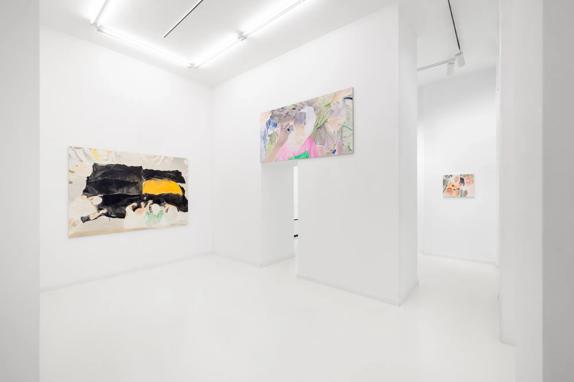 Exhibition review of Zofia Pałucha: Mother of One at HOS Gallery, Warsaw, 2026. Black and yellow painting on a wall, a long canvas hung above a doorway.