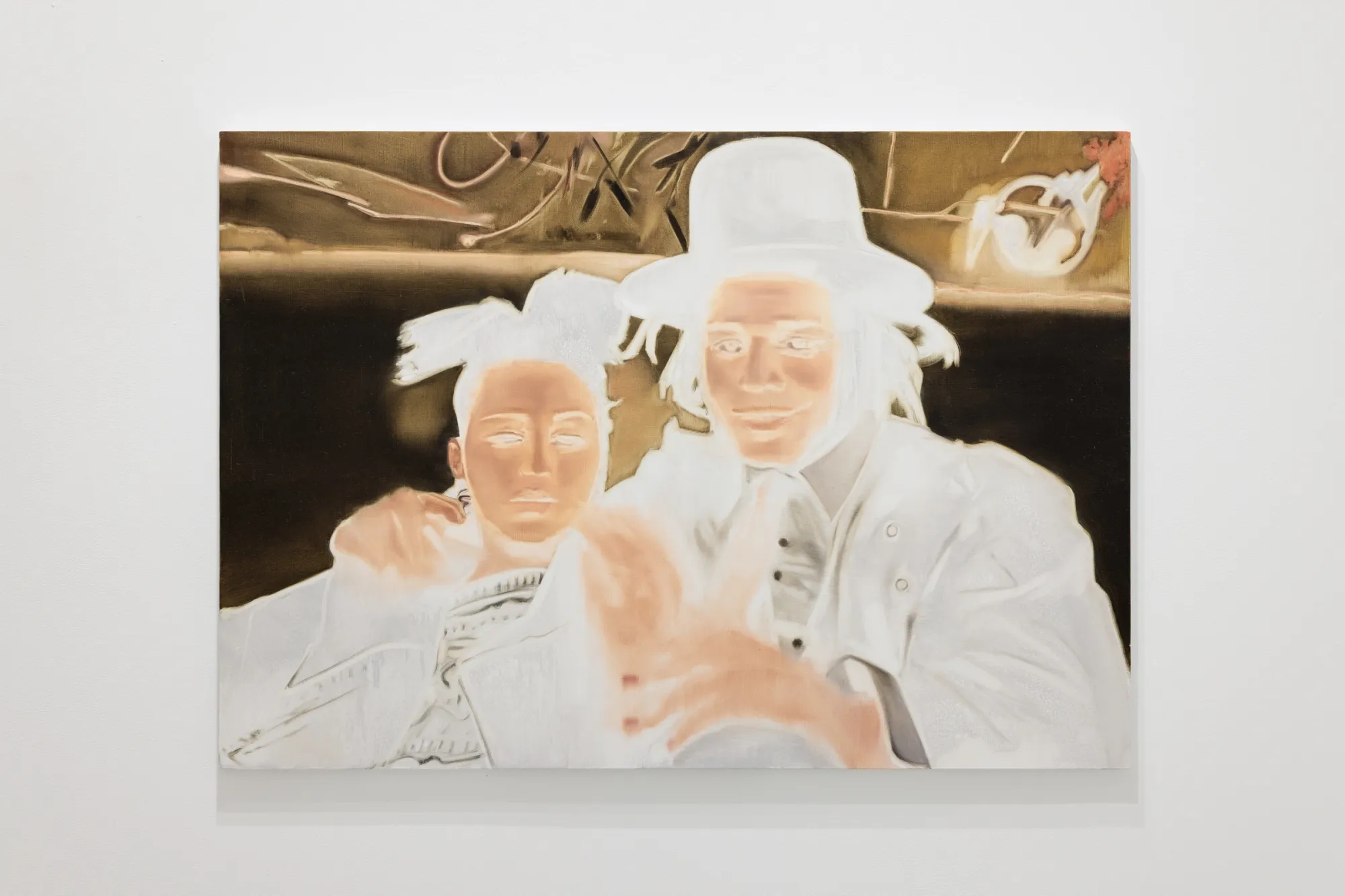 Exhibition review of Zofia Pałucha: Mother of One at HOS Gallery, Warsaw, 2026. Two figures in white on a dark bronze ground, one wearing a tall hat.
