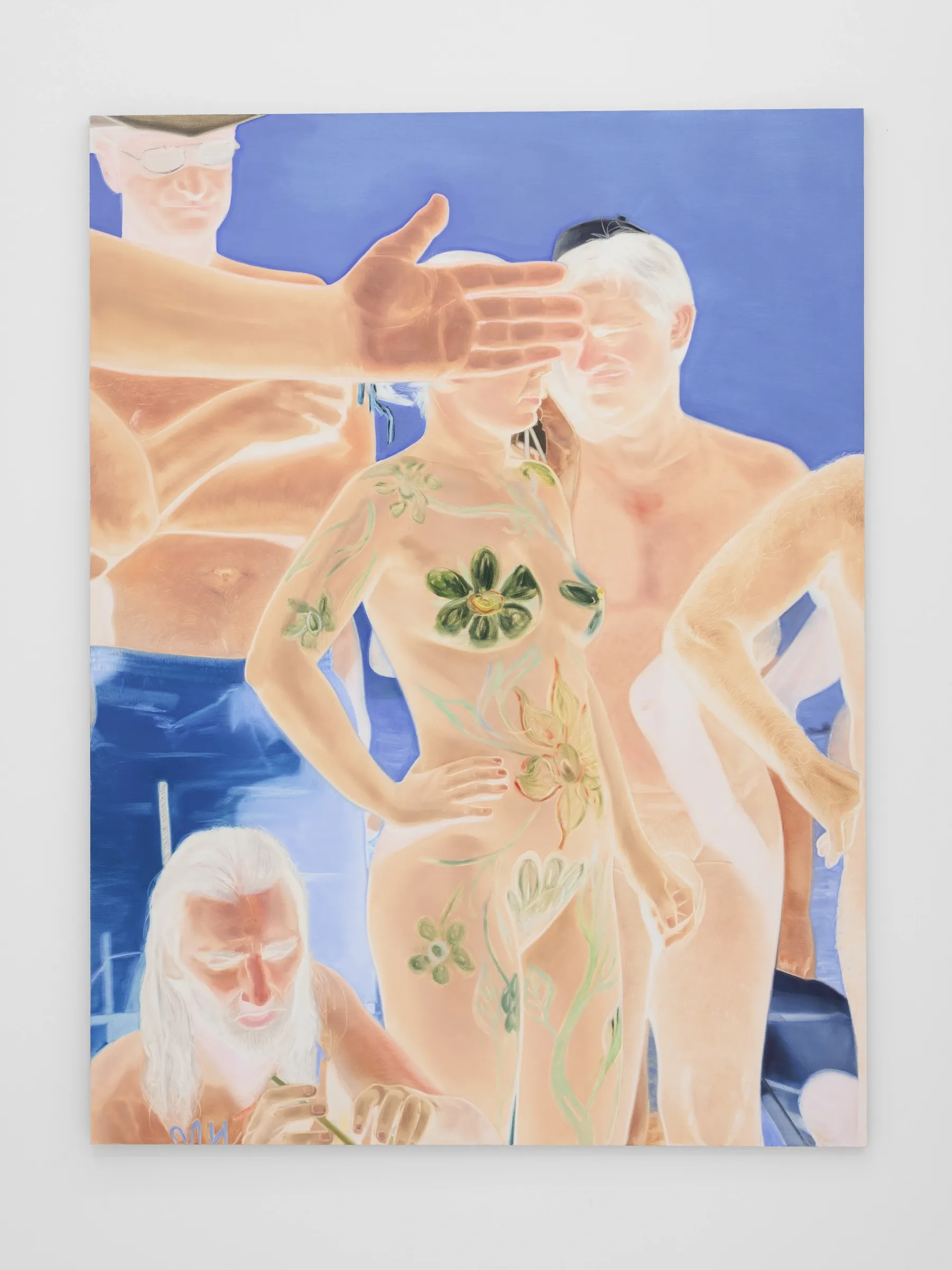 Exhibition review of Zofia Pałucha: Mother of One at HOS Gallery, Warsaw, 2026. Nude woman with painted green flowers, a hand covering her eyes, blue ground.
