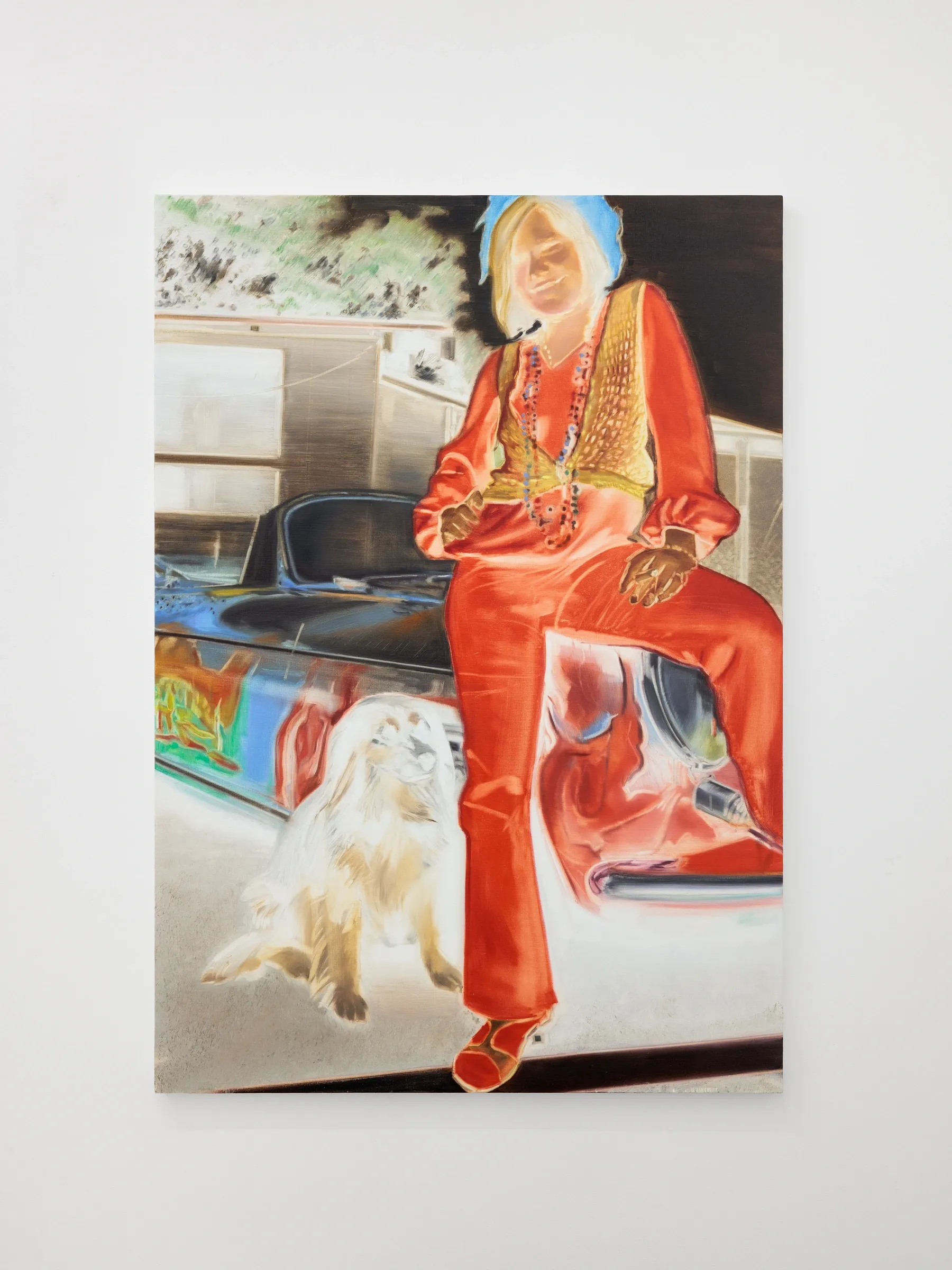 Exhibition review of Zofia Pałucha: Mother of One at HOS Gallery, Warsaw, 2026. Figure in a red suit seated on a car beside a pale long-haired dog.