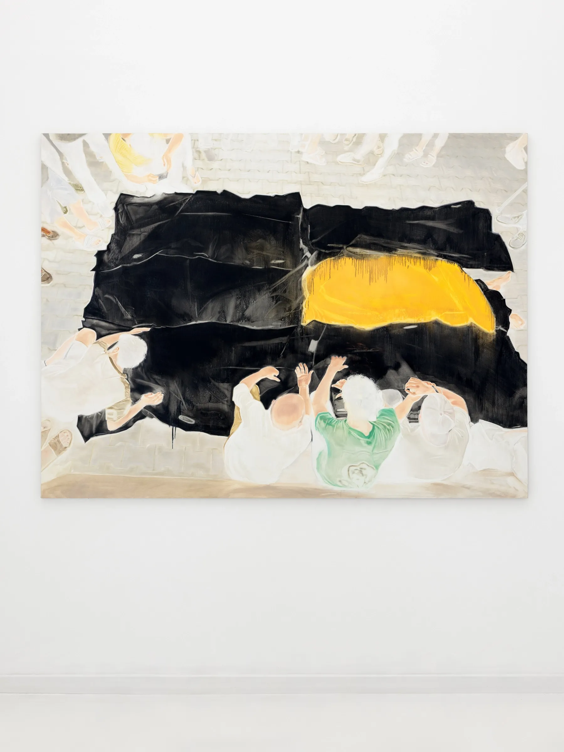 Exhibition review of Zofia Pałucha: Mother of One at HOS Gallery, Warsaw, 2026. Large black mass with a yellow patch above small pale figures below.