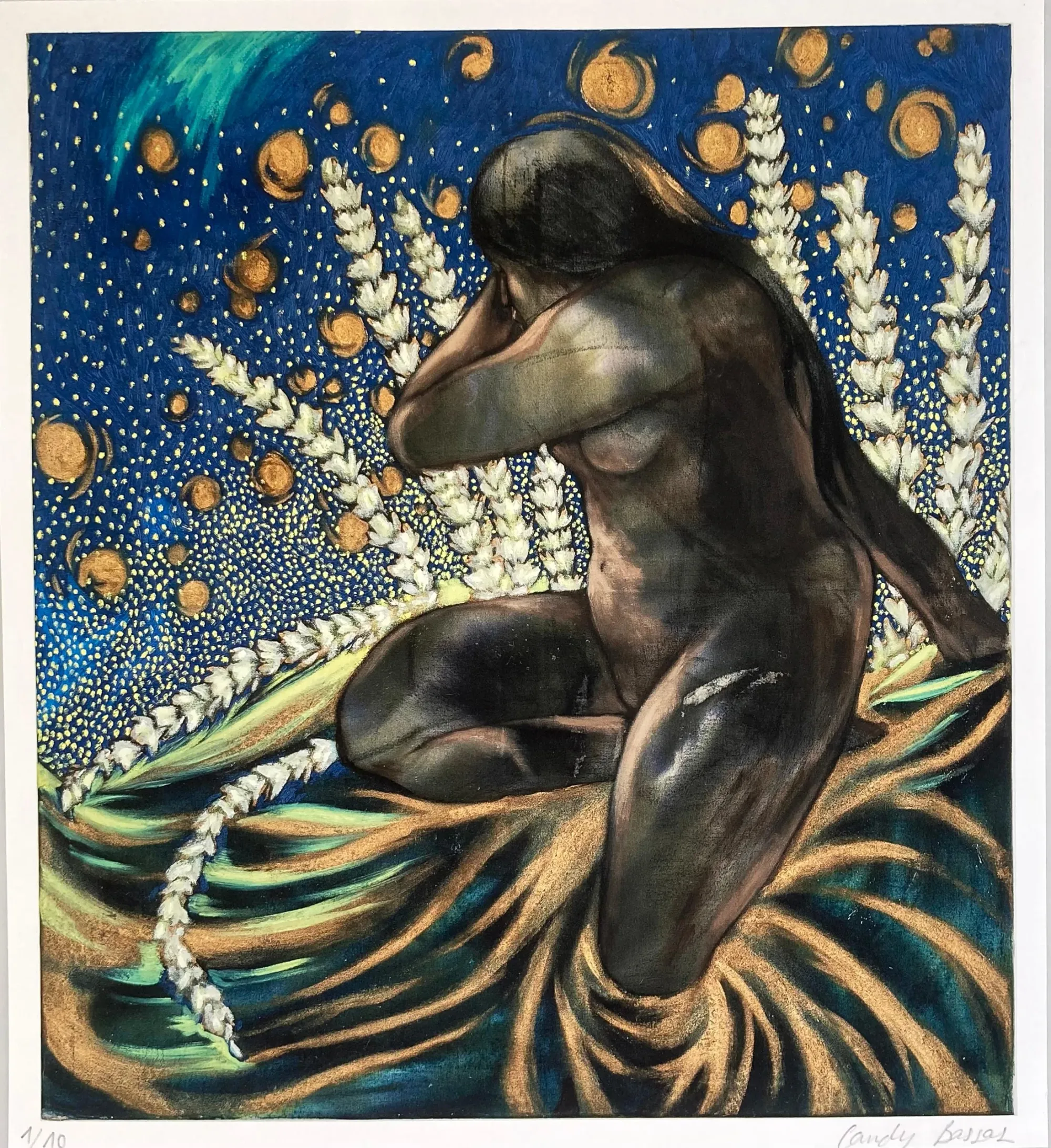 Exhibition review of Candy Bassas: dancing lights at Galerie Mellies, Detmold, 2026. Signed print of a kneeling figure among white flower stalks on blue.