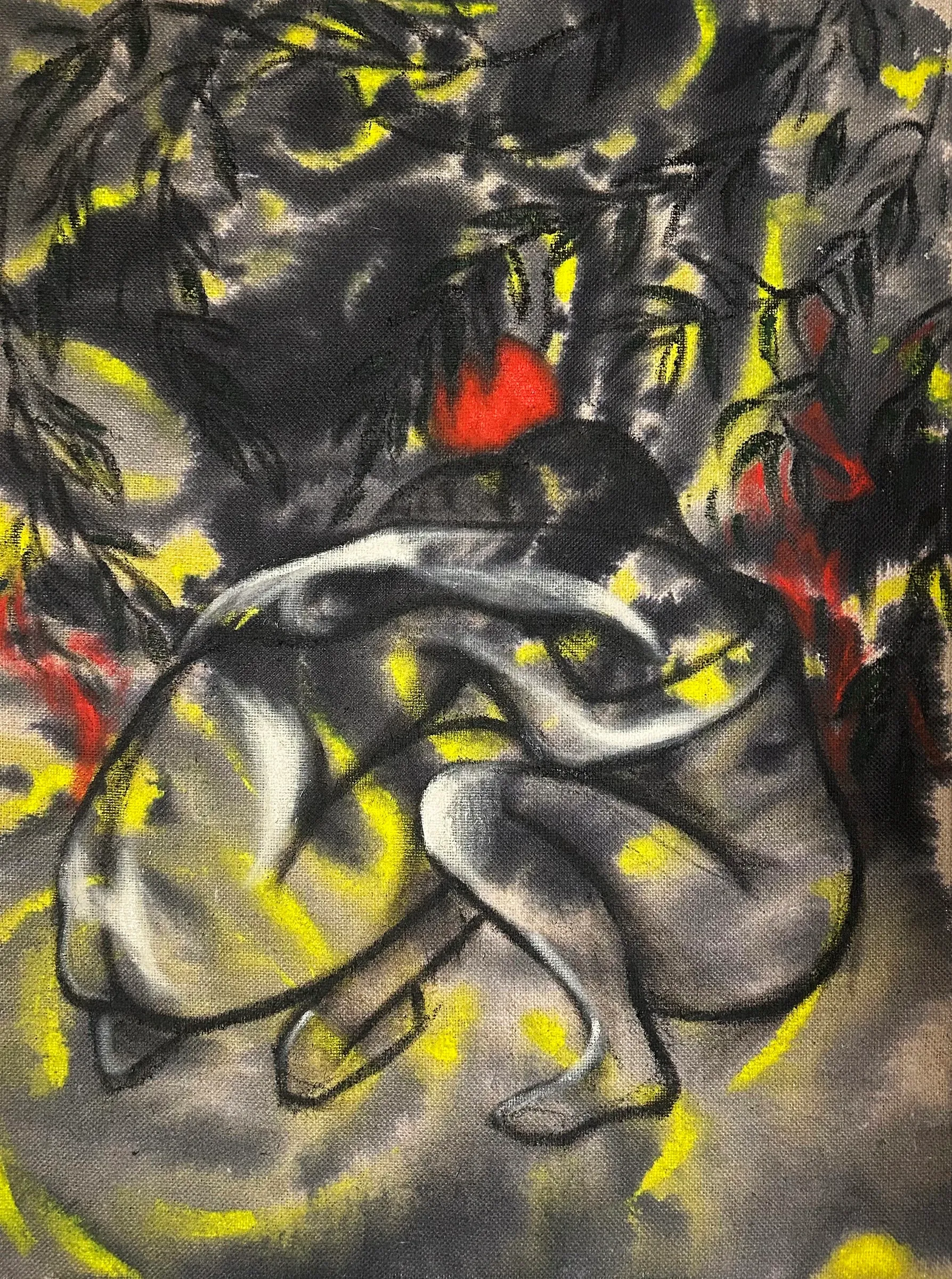 Exhibition review of Candy Bassas: dancing lights at Galerie Mellies, Detmold, 2026. Curled figure in grey and black among dark leaves with yellow and red patches.