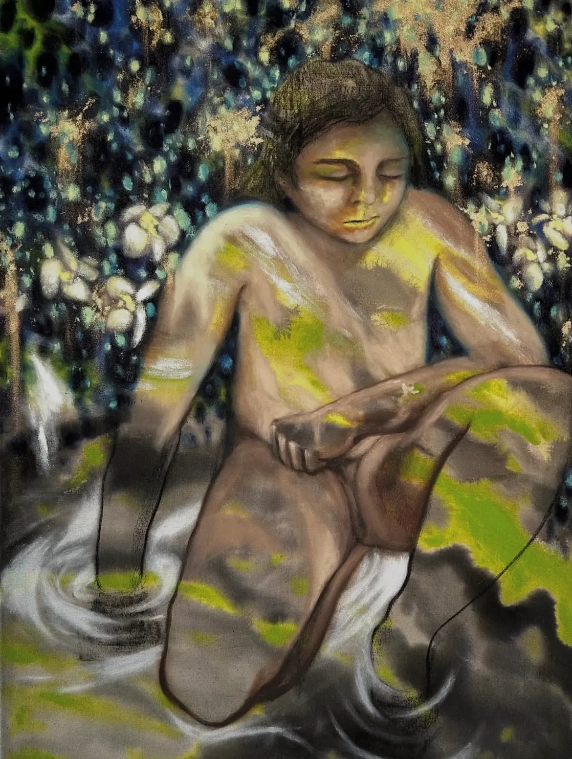 Exhibition review of Candy Bassas: dancing lights at Galerie Mellies, Detmold, 2026. Seated figure looking down into water, skin patched with yellow green light.