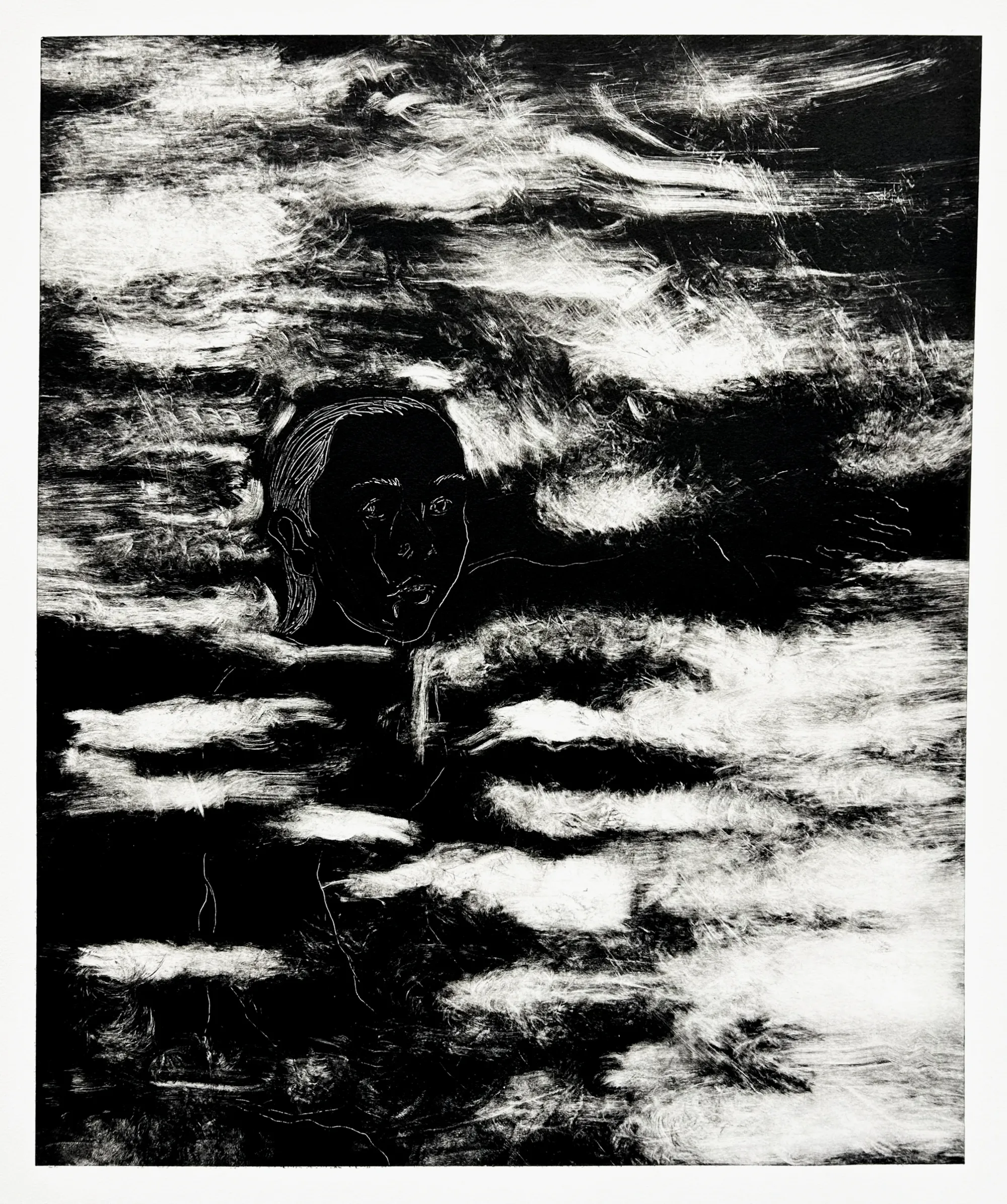 Exhibition review of Candy Bassas: dancing lights at Galerie Mellies, Detmold, 2026. Black and white monotype, a face surfacing between streaks of white light.