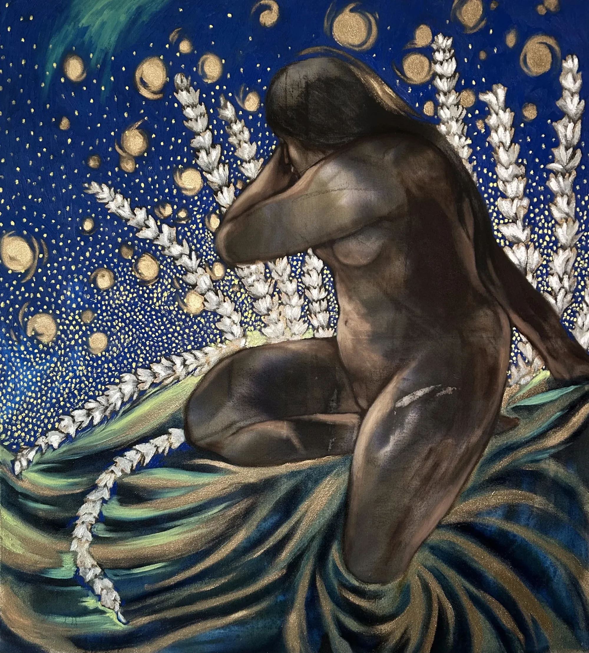 Exhibition review of Candy Bassas: dancing lights at Galerie Mellies, Detmold, 2026. Kneeling nude figure on dark blue ground with white flower stalks and gold dots.