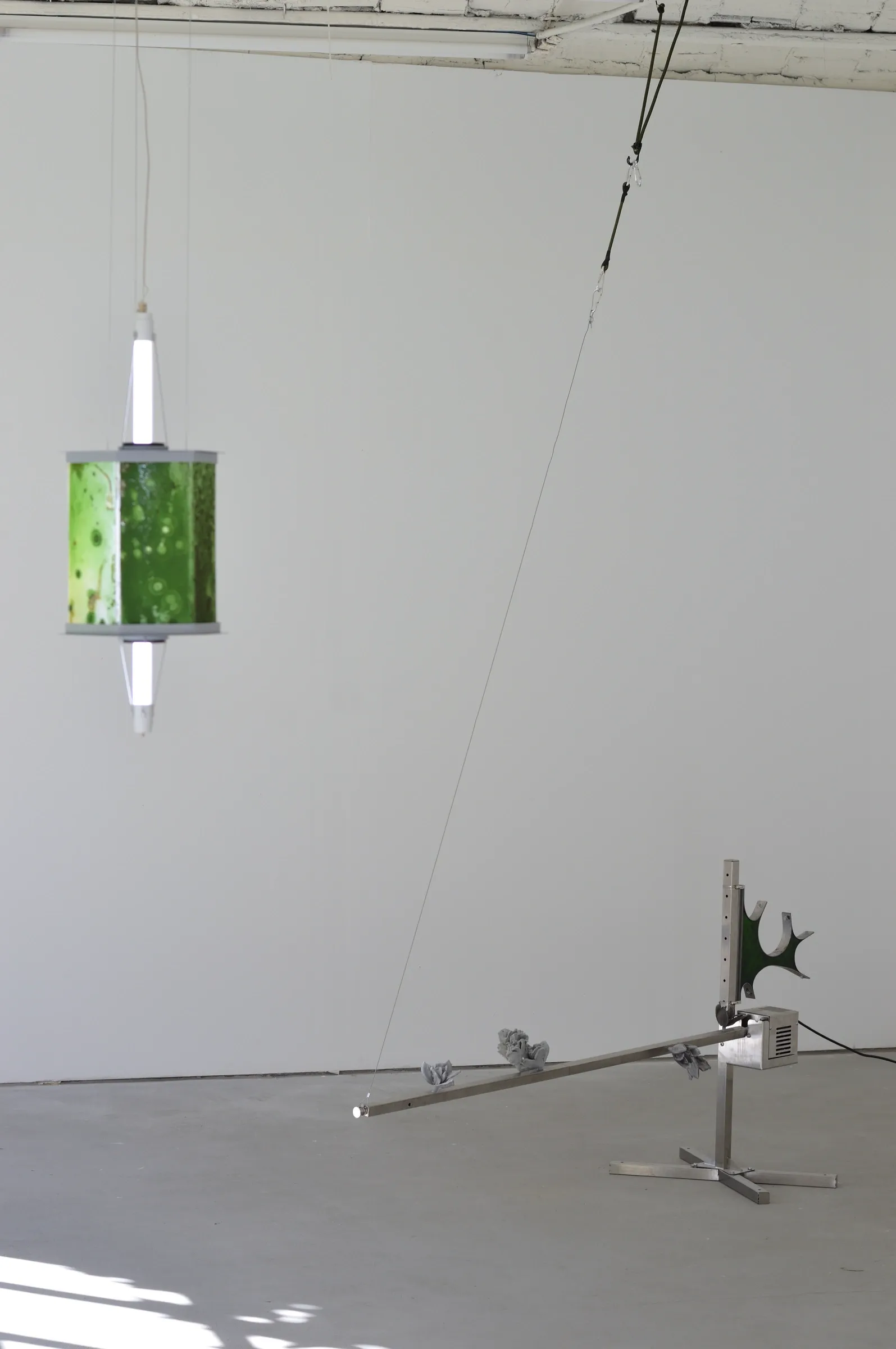 Exhibition review of Gabriel Alonso: A Long Chemical Dream at ATM Galería, Gijón, 2026. Hanging cylinder of green plant matter lit by tubes above a steel lever work.