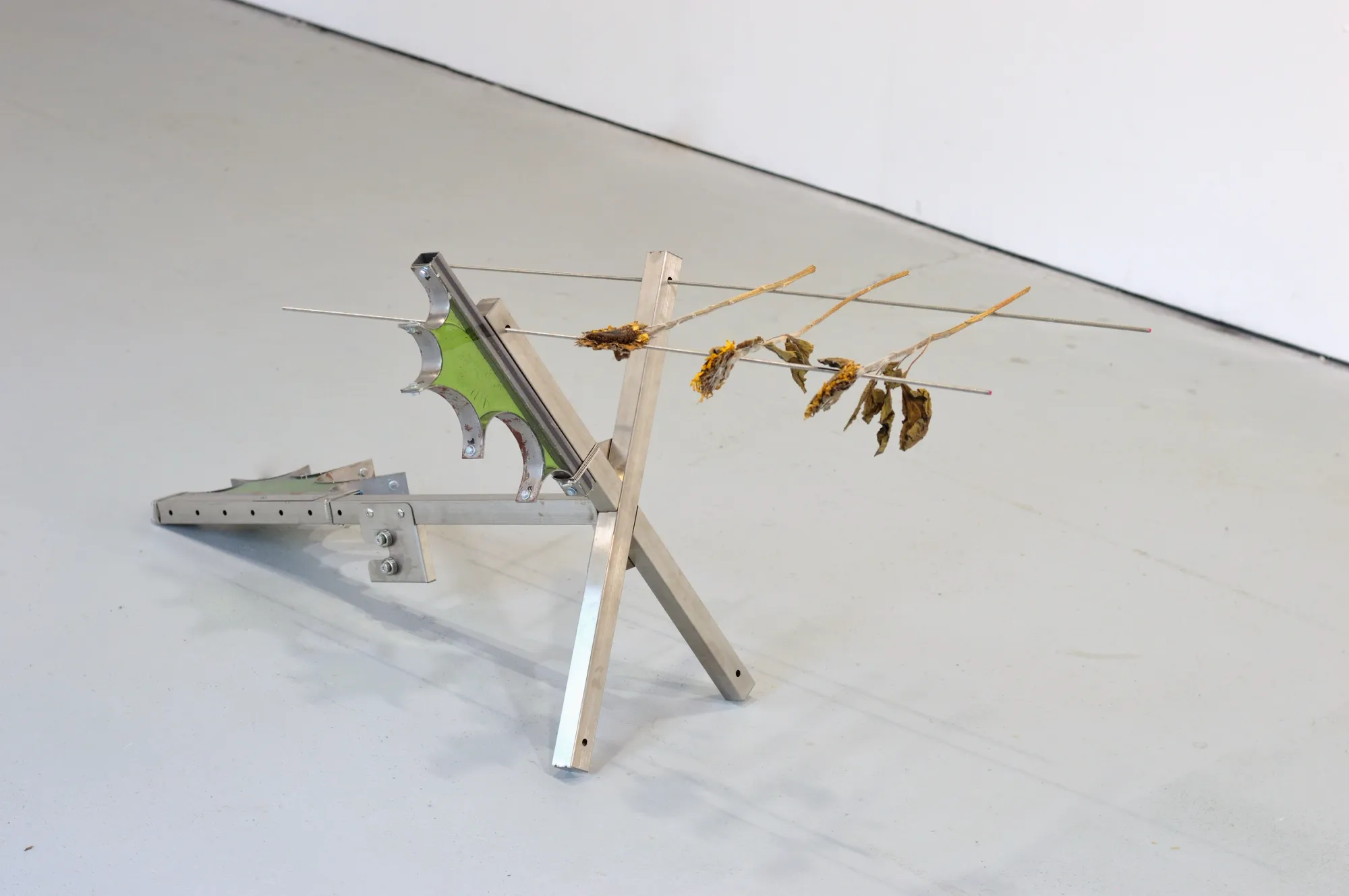 Exhibition review of Gabriel Alonso: A Long Chemical Dream at ATM Galería, Gijón, 2026. Aluminium X-frame with a green leaf-shaped element and dried flower heads on rods.