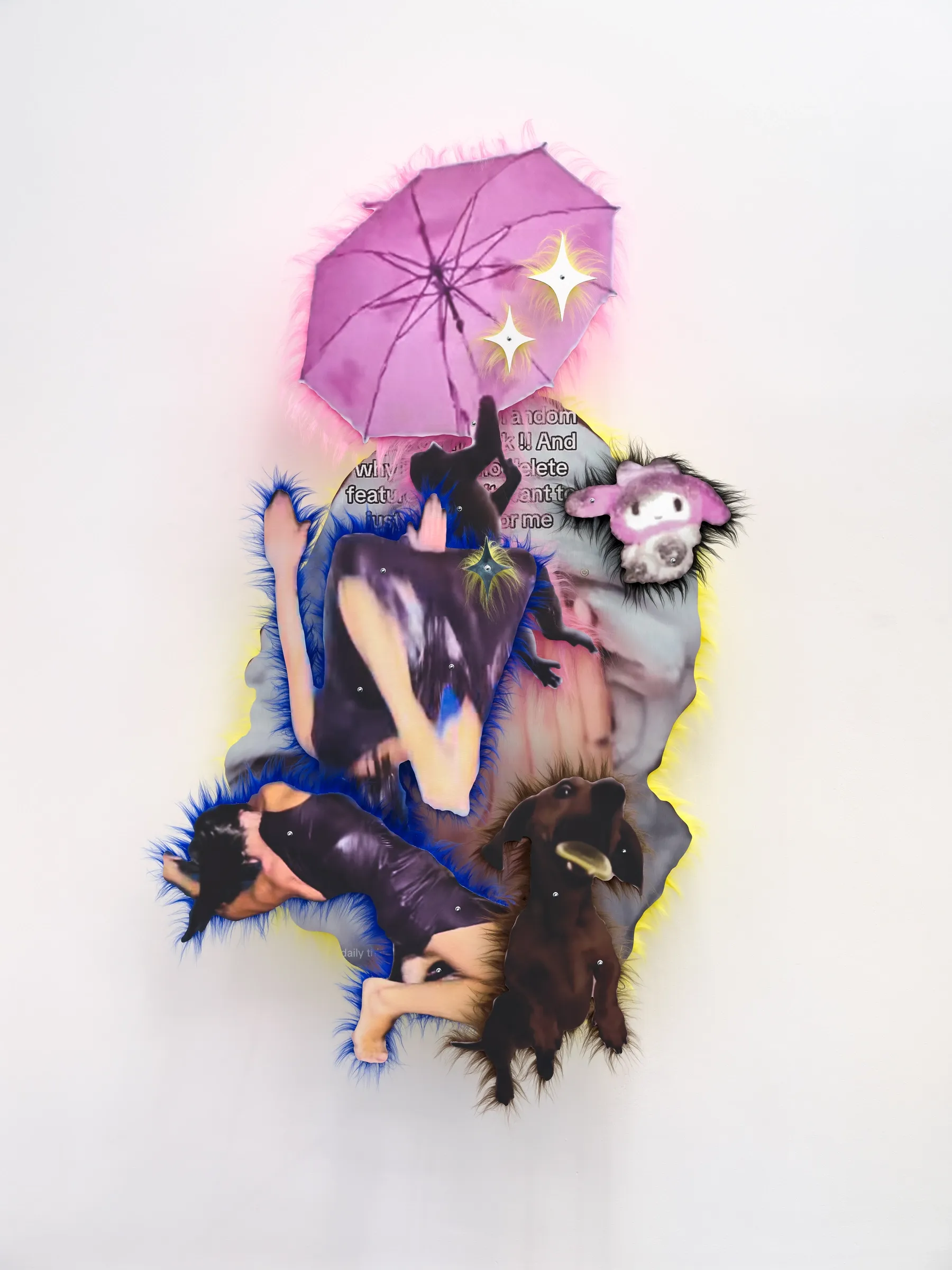 Exhibition review of Iris Helena Hamers: ~^-.3N3RGY_4NG3L.-^~ at PAW, Düsseldorf, 2026. Wall work with a pink umbrella, a reclining figure