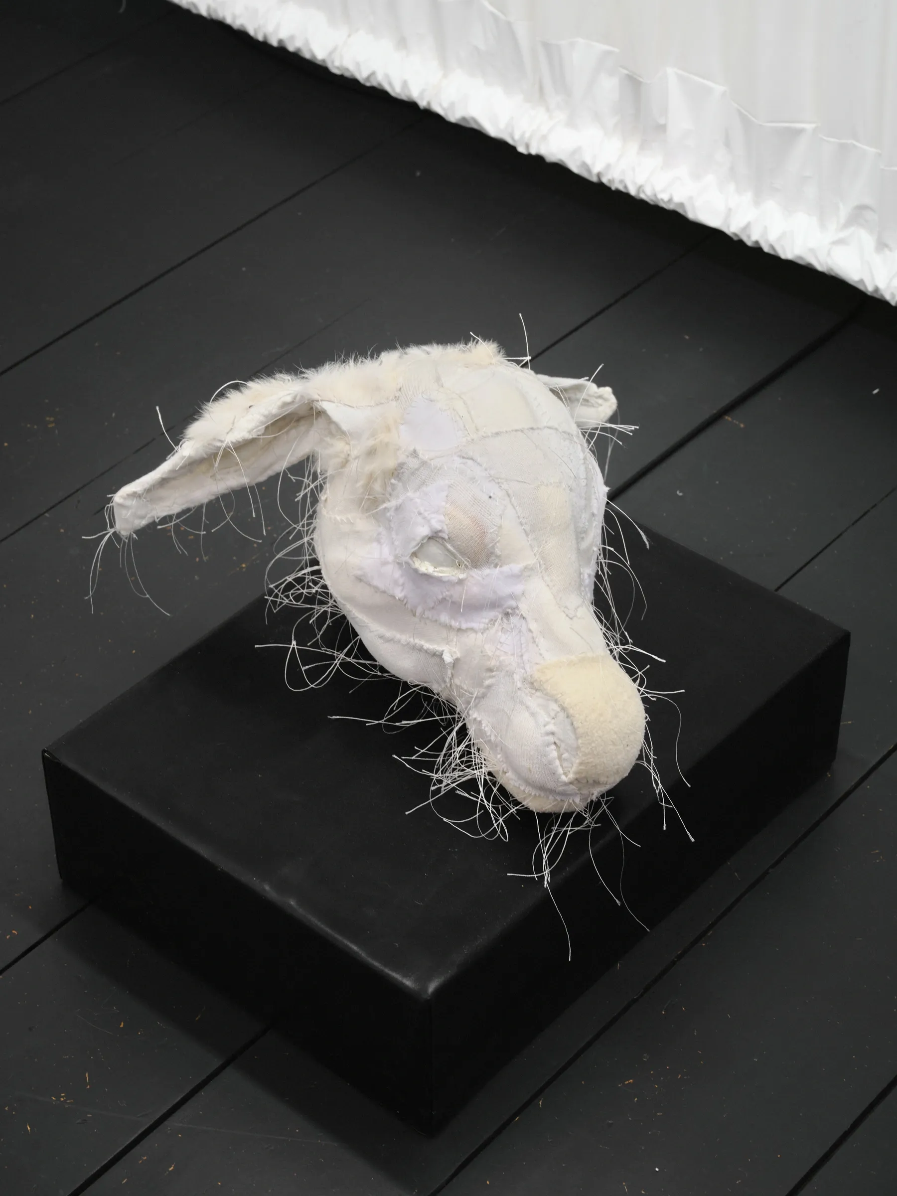 Close-up of a white stitched fabric deer head with drooping ear, textured surface and loose threads, resting on a black plinth. Jan Baszak, WHOISPOLA, Warsaw, 2026.