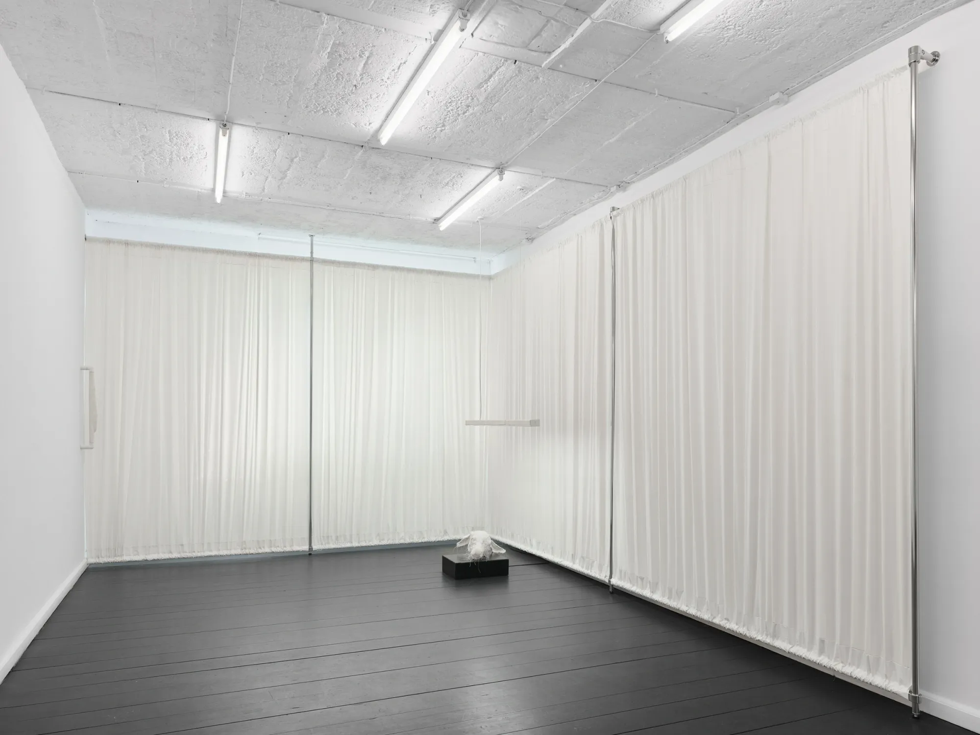 Gallery corner lined with floor-length sheer white curtains and a small white sculpture on a low black plinth. Jan Baszak, Within and For Each Other, Warsaw, 2026.