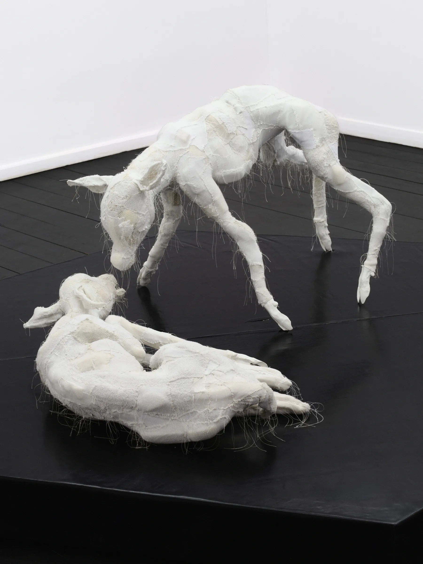 Two stitched white fabric roe deer, one bending toward the other lying down on a black plinth. Jan Baszak, Within and For Each Other, WHOISPOLA, Warsaw, 2026.