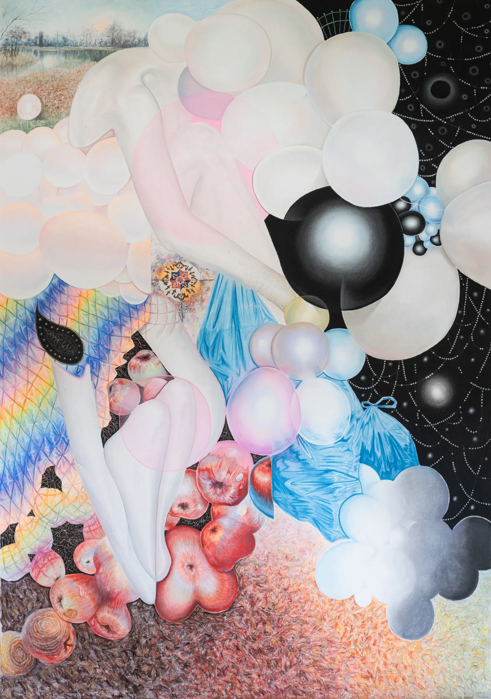 Karolína Netolická, Prague: pale figure folded among white balloons, red apples, a blue plastic bag and a black sphere.