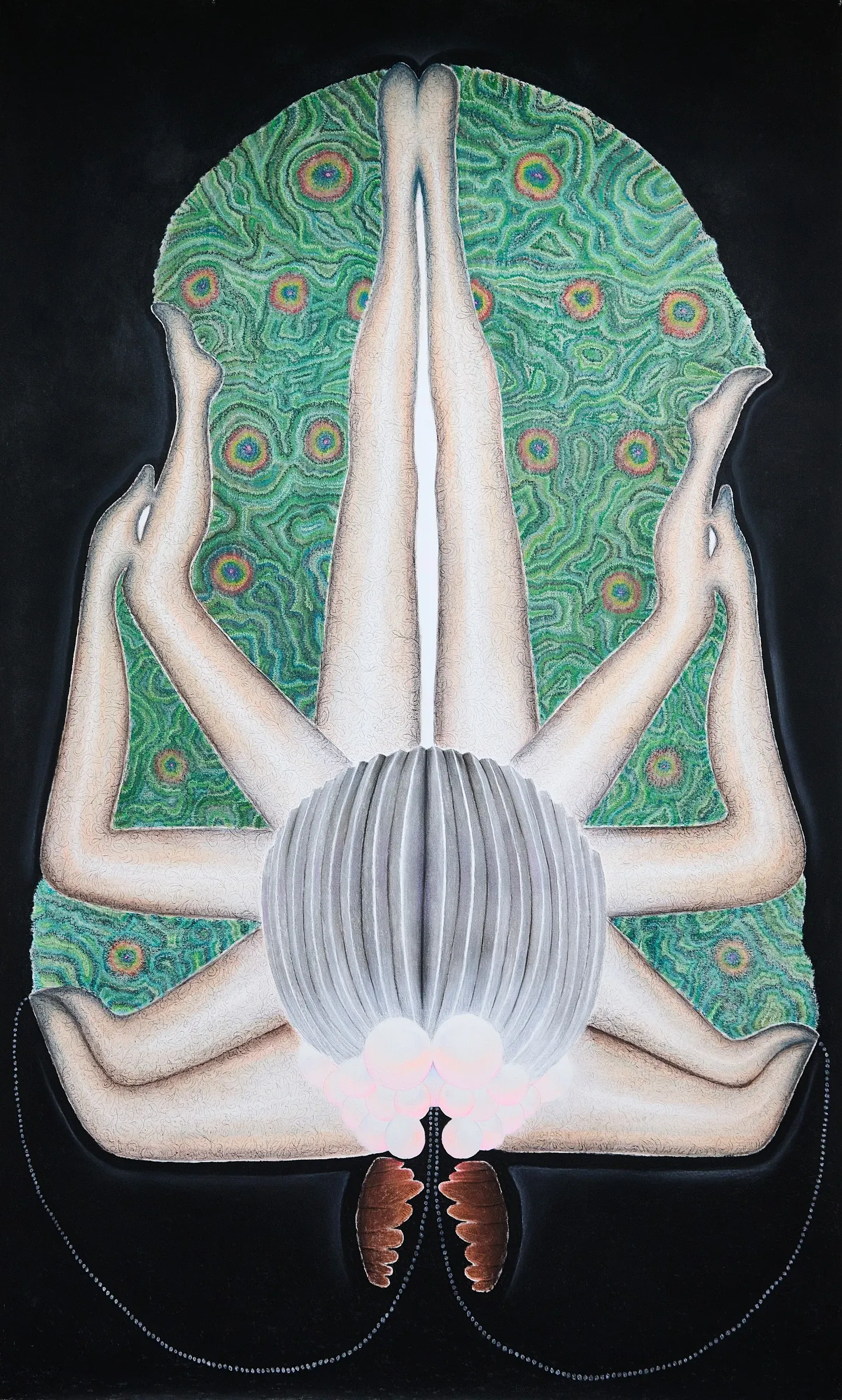 Karolína Netolická, Prague: eight pale legs radiate around a ribbed grey form against a green patterned shape on black.