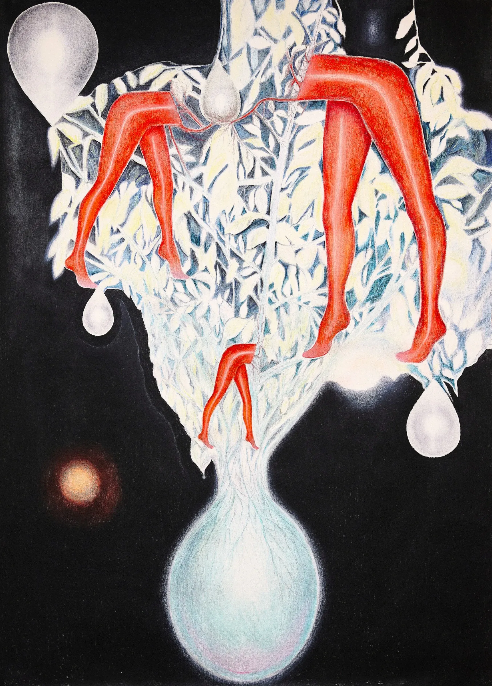 Karolína Netolická, Prague: red legs hang from a pale leafy mass above a glowing blue-white bulb on a black ground.