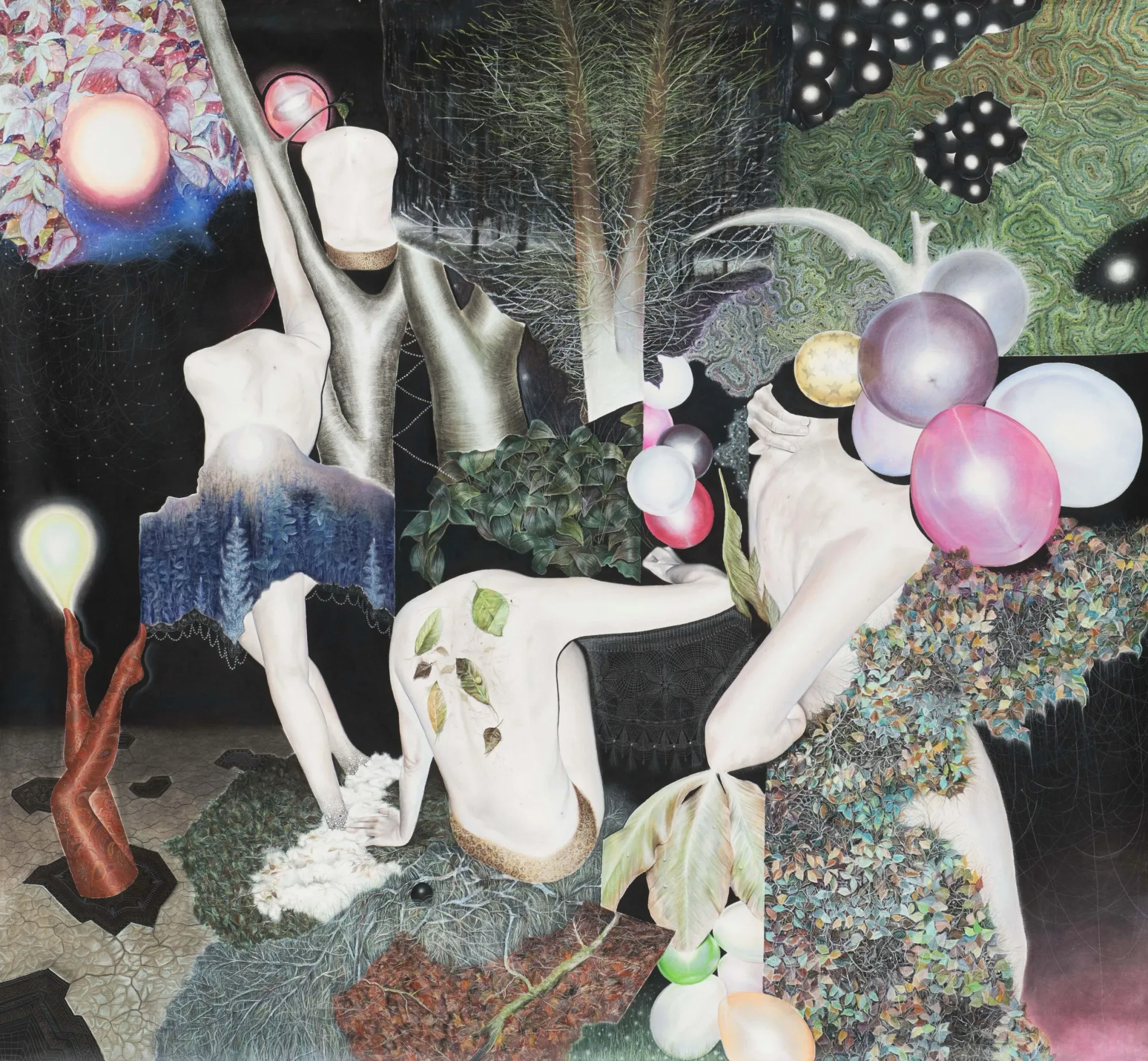 Karolína Netolická, Prague: collaged forest scene with fragmented torsos, leaves, balloons and a patterned green ground.