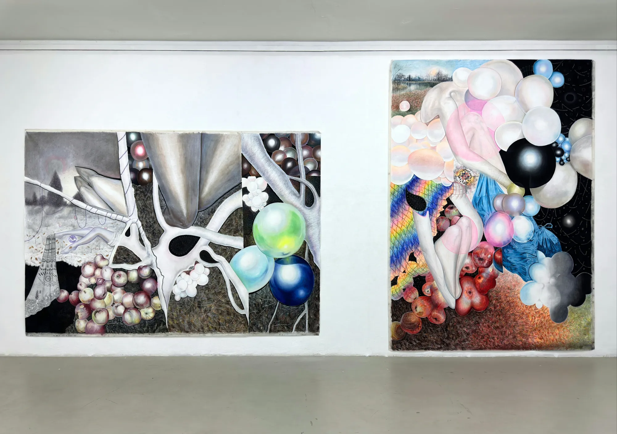 Karolína Netolická, Künstlerhaus Sootbörn, Hamburg: two large pastel paintings with apples and balloons on a white gallery wall.