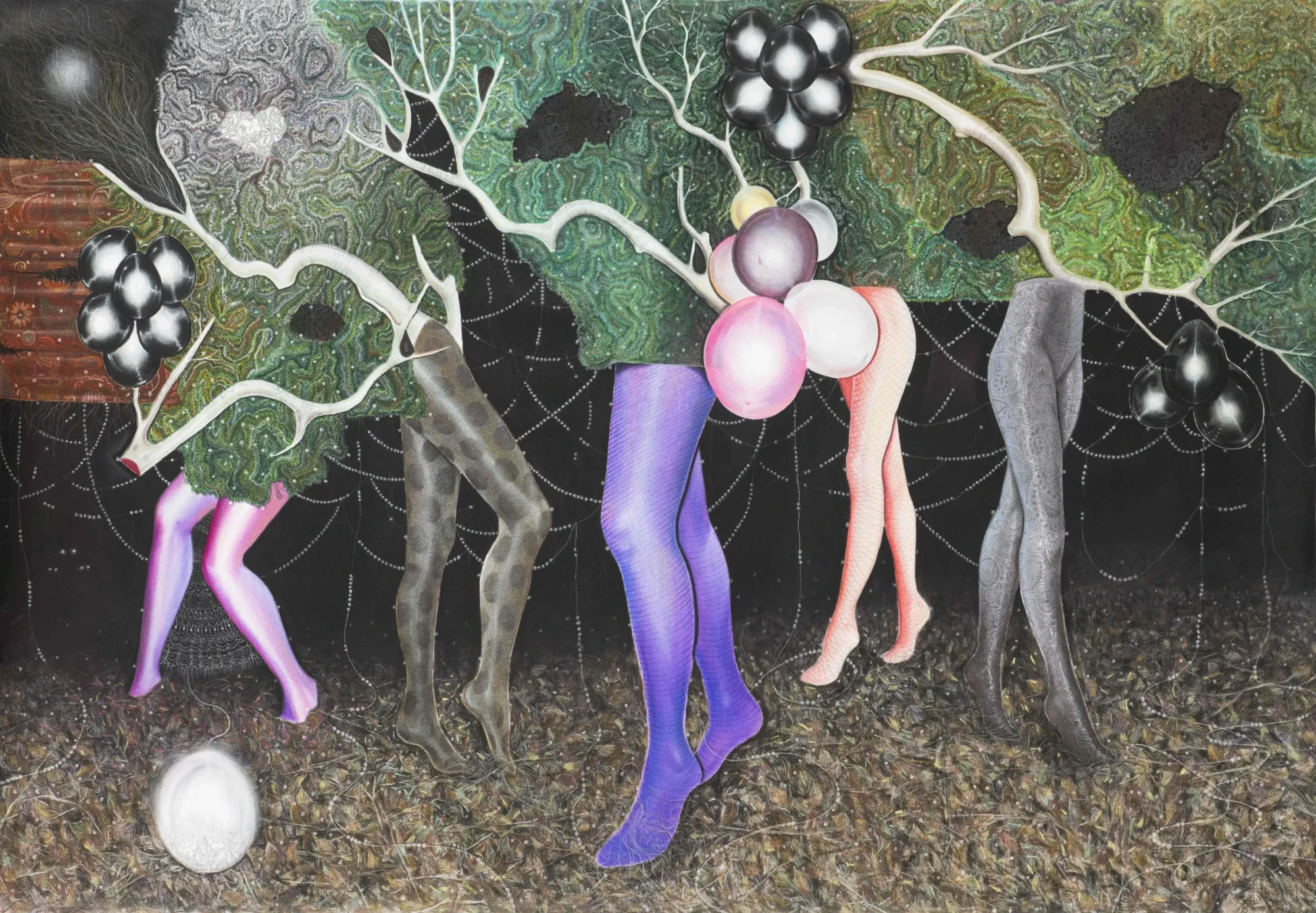 Karolína Netolická, Prague: legs in patterned tights hang among white branches over a dark ground with black balloons.
