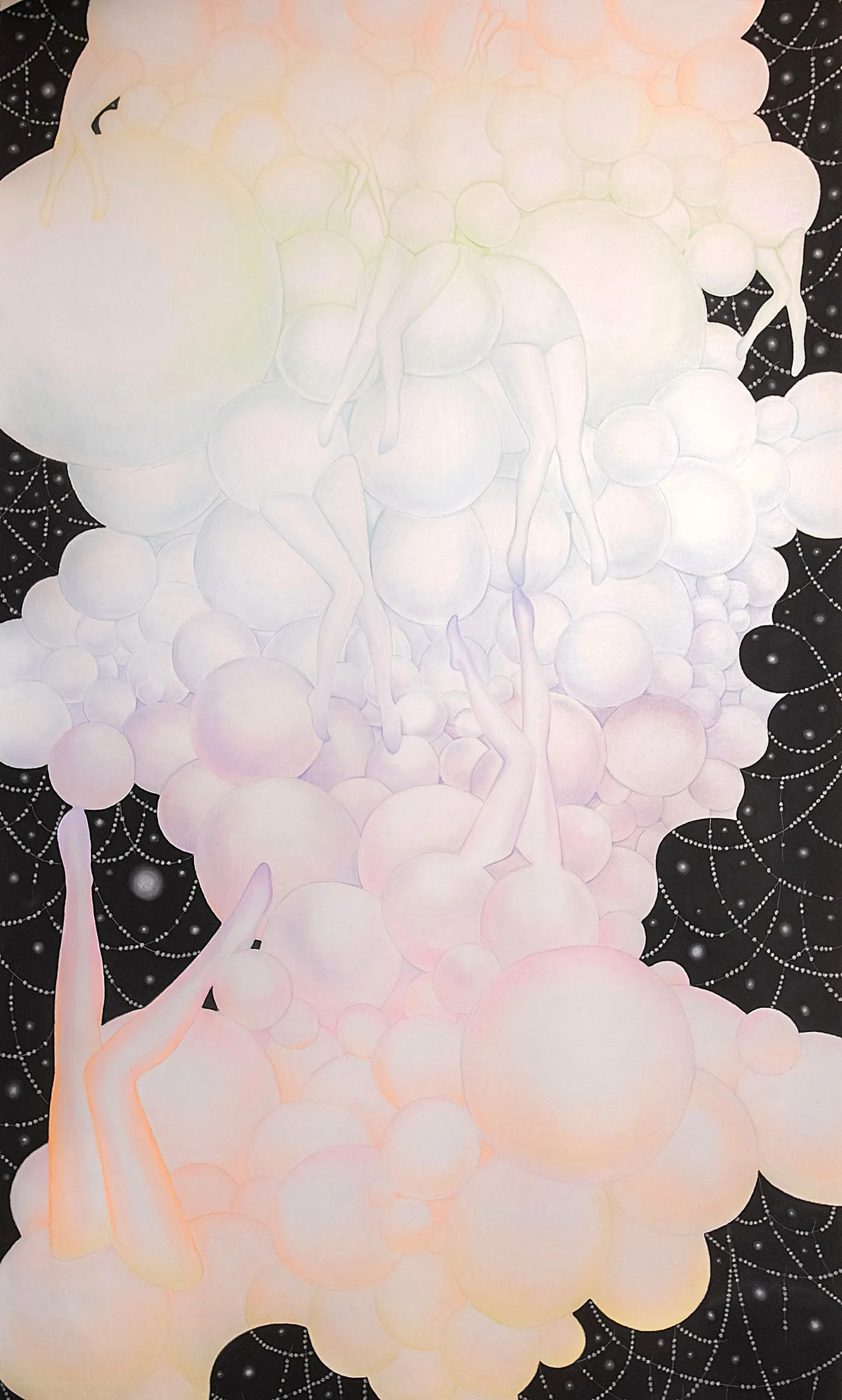 Karolína Netolická, Prague: pale legs among a tall mass of pastel-tinted bubbles on a black ground with white dotted webs.