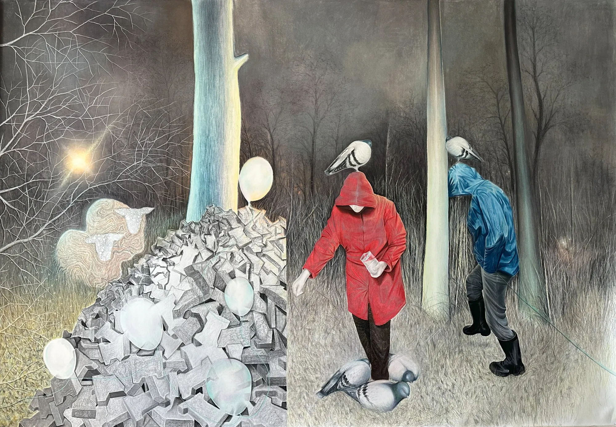 Karolína Netolická, Prague: a figure in a red hooded coat steps between pigeons beside a figure in blue, with a pile of paving blocks.