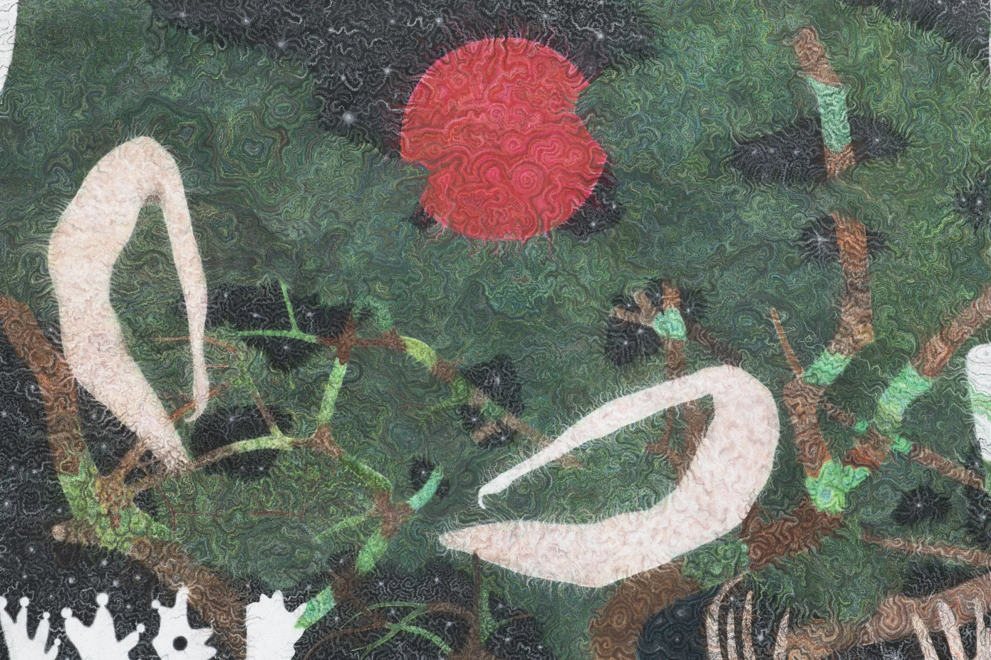 Karolína Netolická, Prague: pastel detail with a red disc and pale curved forms over dense green strokes.
