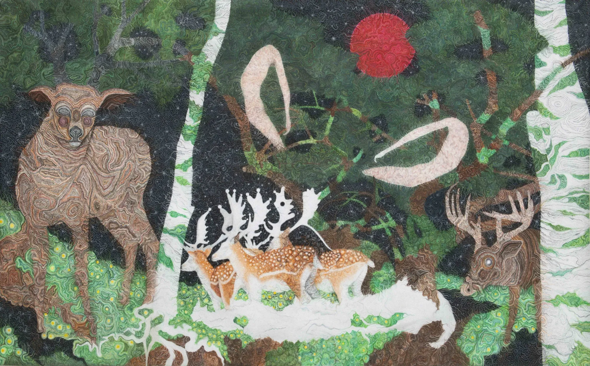 Karolína Netolická, Prague: pastel painting of spotted deer, a stag and a sheep-like creature among birch trunks under a red sun.