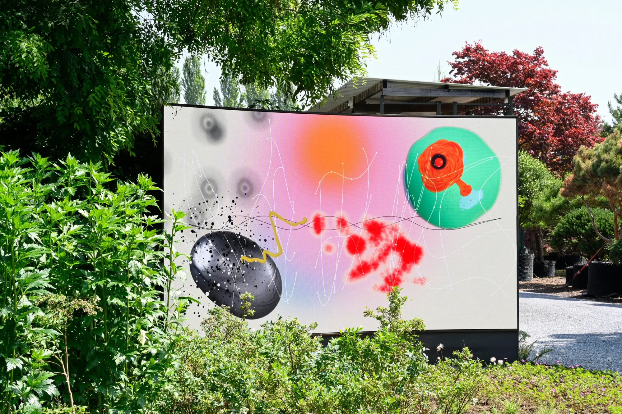 Artist Profile Feature: KiefferWoodtli, Arboreal Serenade, 2025. Painted forms on a screen: a black ovoid, red clusters and a green sphere.