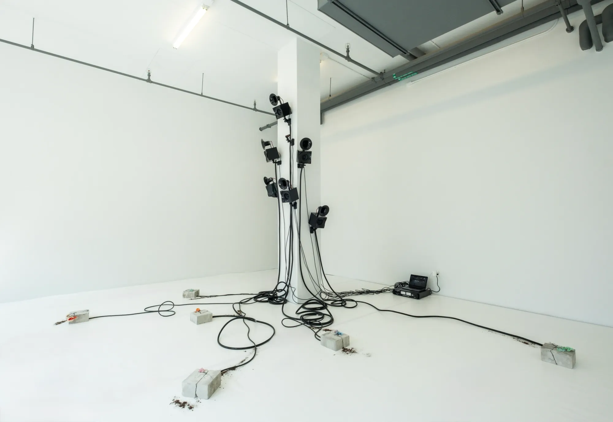 Artist Profile Feature: KiefferWoodtli, Arboreal Severance, New York, 2025. Black speakers on a white column, cables running to concrete blocks.