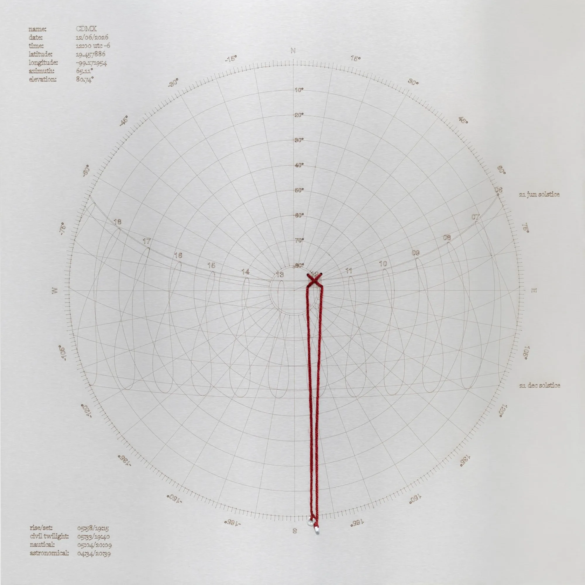 Artist Profile Feature: KiefferWoodtli, AXES, Alvarez Chida, Mexico City, 2026. Grey solar chart with fine radial lines and one red thread.