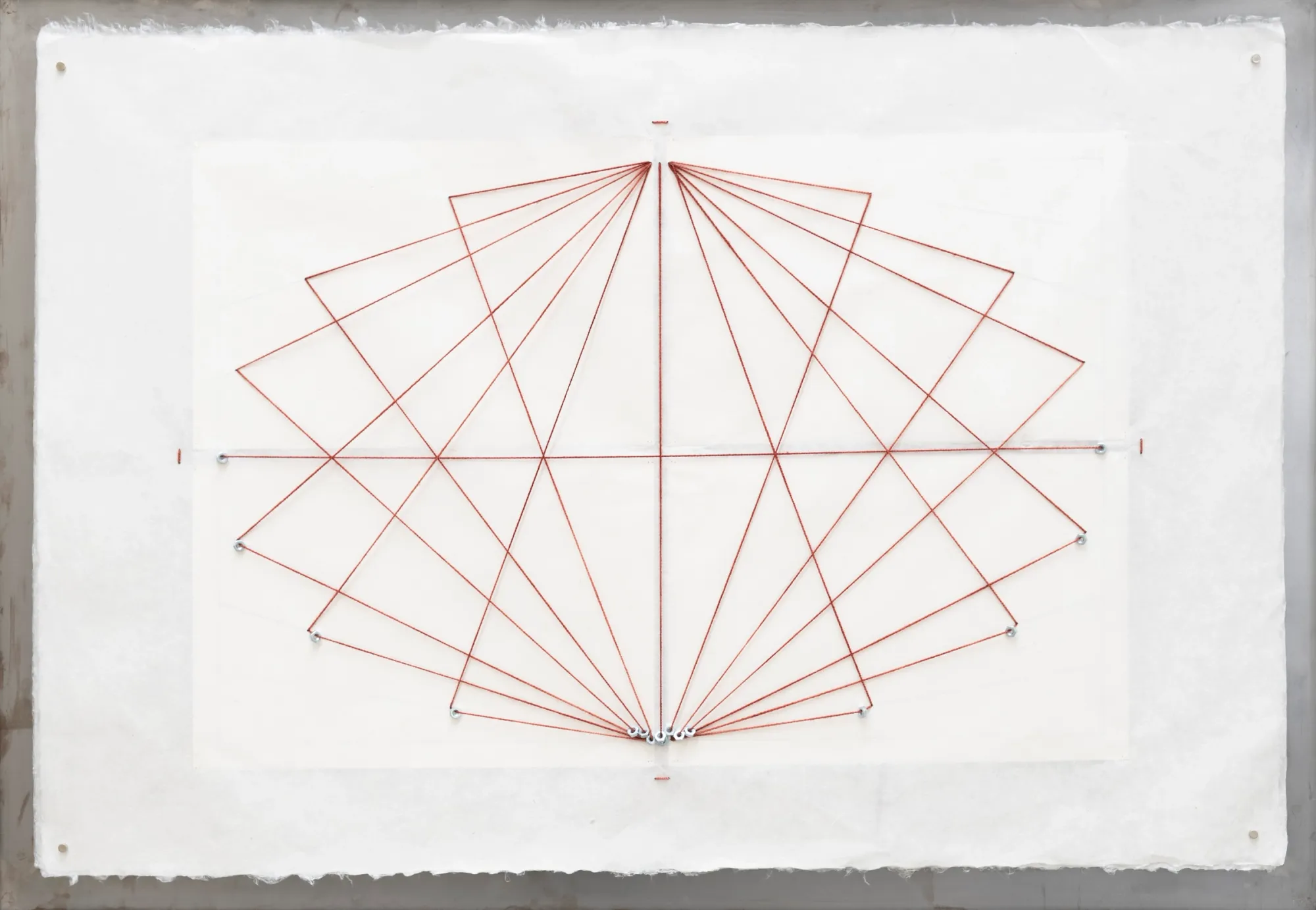 Artist Profile Feature: KiefferWoodtli, AXES, Alvarez Chida, Mexico City, 2026. Red wire stretched between pins on handmade paper, forming an ellipse of lines.