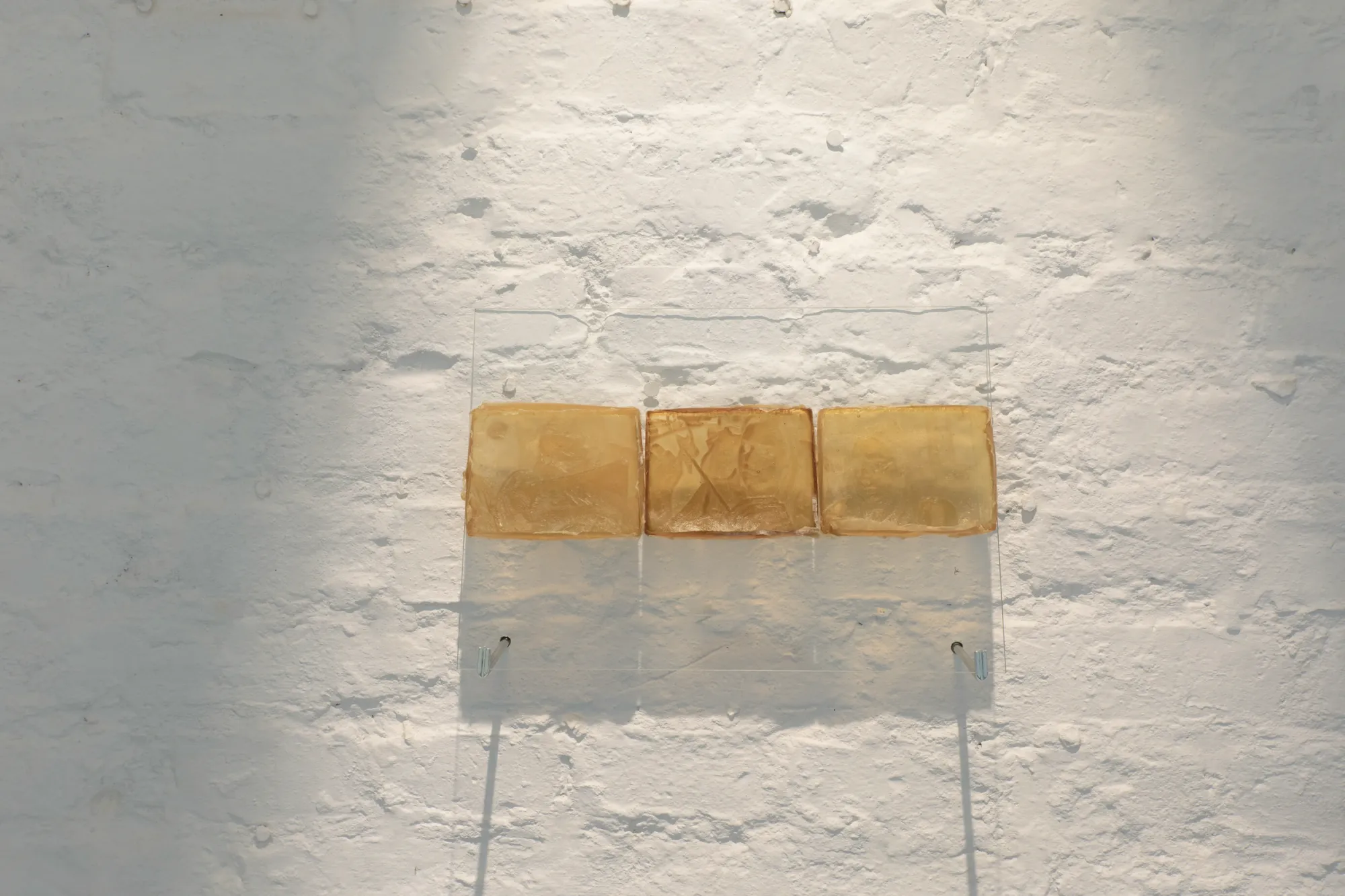 Exhibition review of Krys Huba: falling into you at soft power, Berlin, 2026. Three amber latex casts on a glass sheet against white brick.