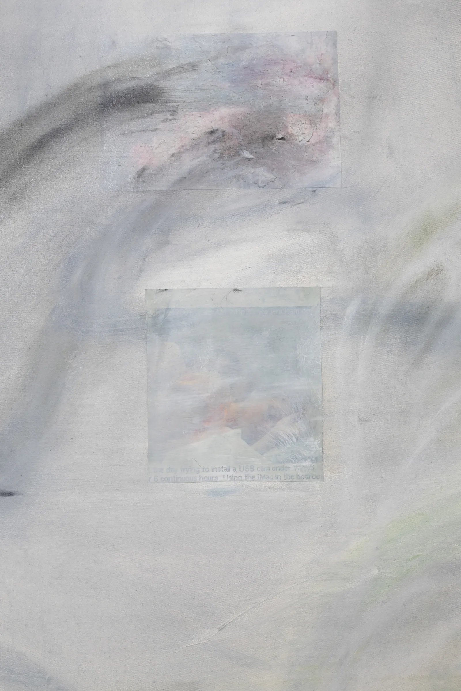 Exhibition review of Krys Huba: falling into you at soft power, Berlin, 2026. Grey oil brushstrokes over two faded printed webcam screenshots.