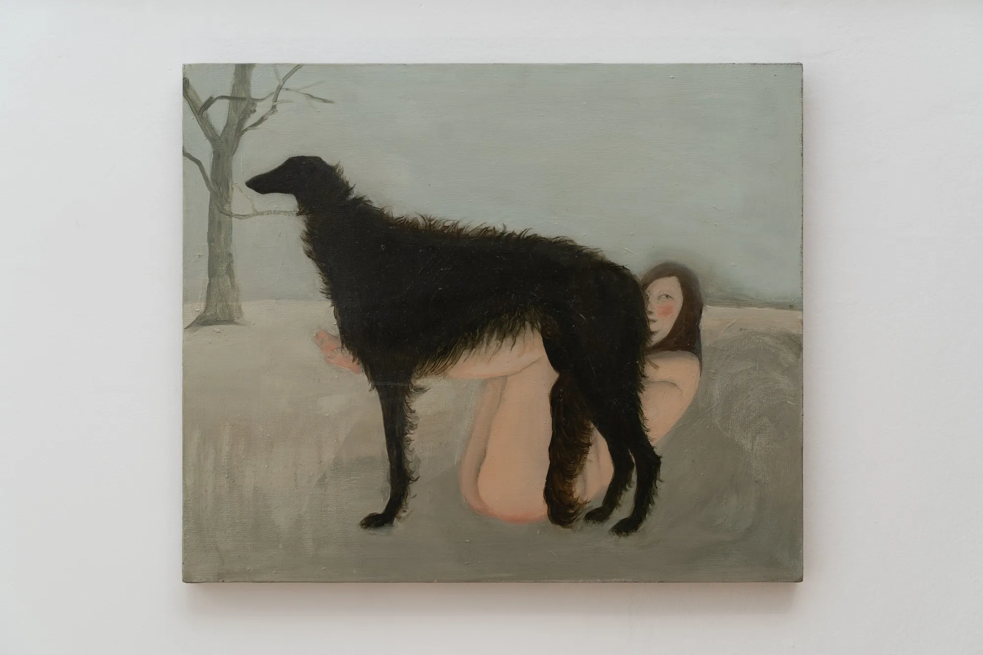Gutkowska, Szablak, Wierzbicka, Woroszył, MISE EN, Warsaw: painting of a large black dog standing before a crouching nude figure in snow.