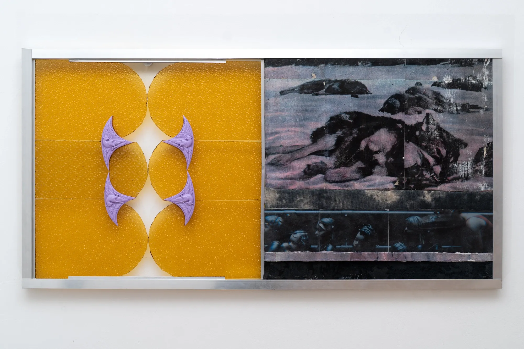 Gutkowska, Szablak, Wierzbicka, Woroszył, MISE EN, Warsaw: yellow textured glass with four lilac forms beside a faded print of reclining figures, aluminium frame.
