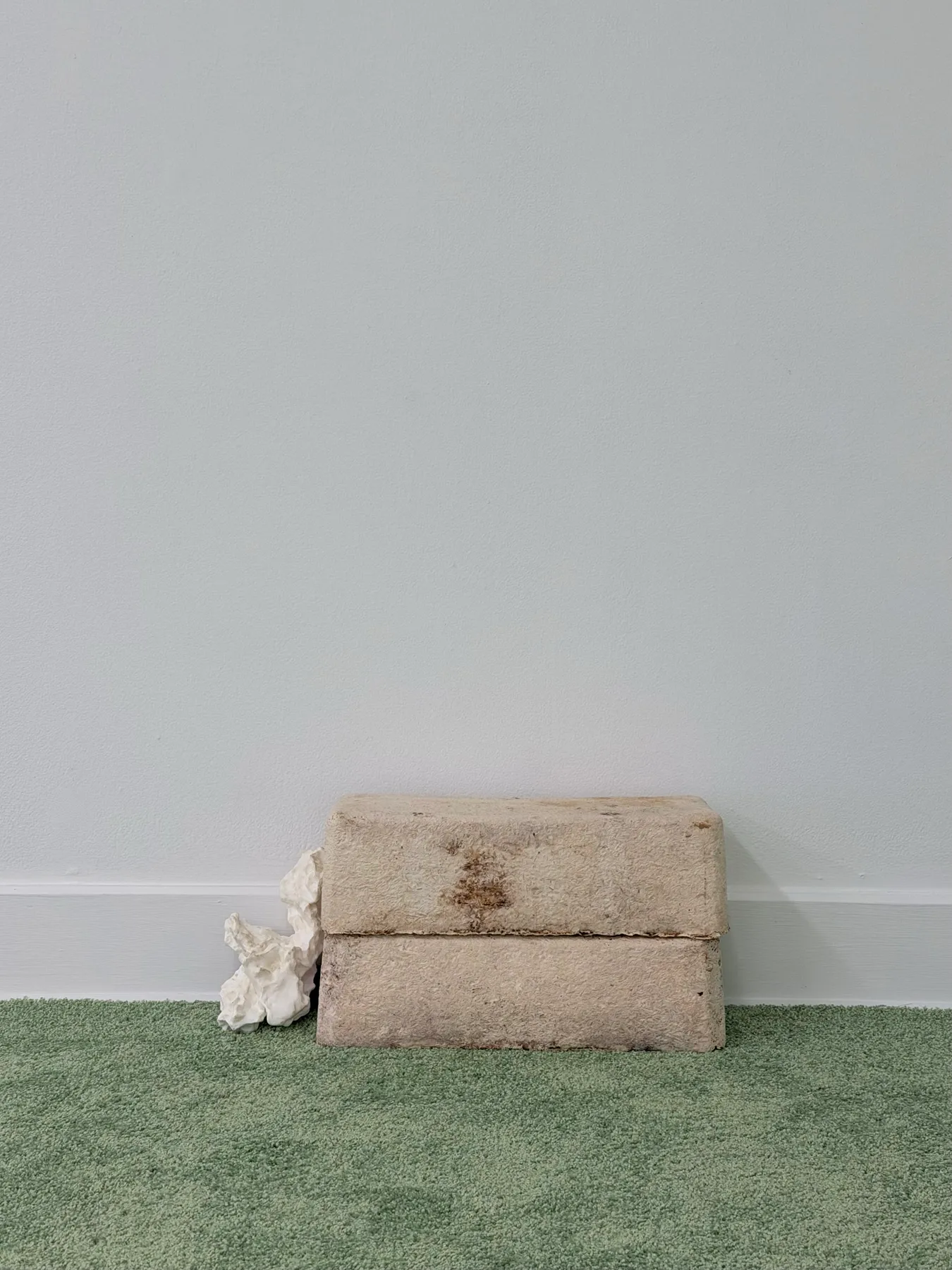 Patrick Bérubé at Plein Sud, Longueuil. Two stacked mycelium blocks and a small white sculptural form on green carpet.